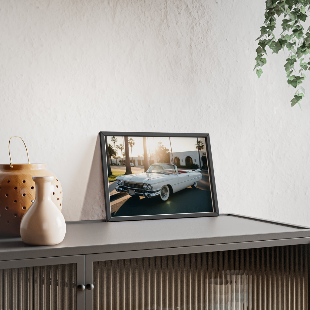 Vintage Cadillac Convertible Poster with Wooden Frame — Retro Palm Trees Sunset Wall Art