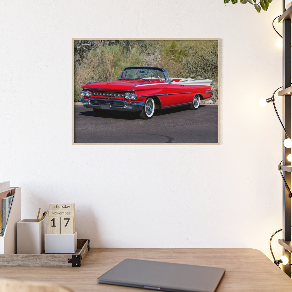 Vintage Red Convertible Car Poster with Wooden Frame — Classic Auto Wall Art