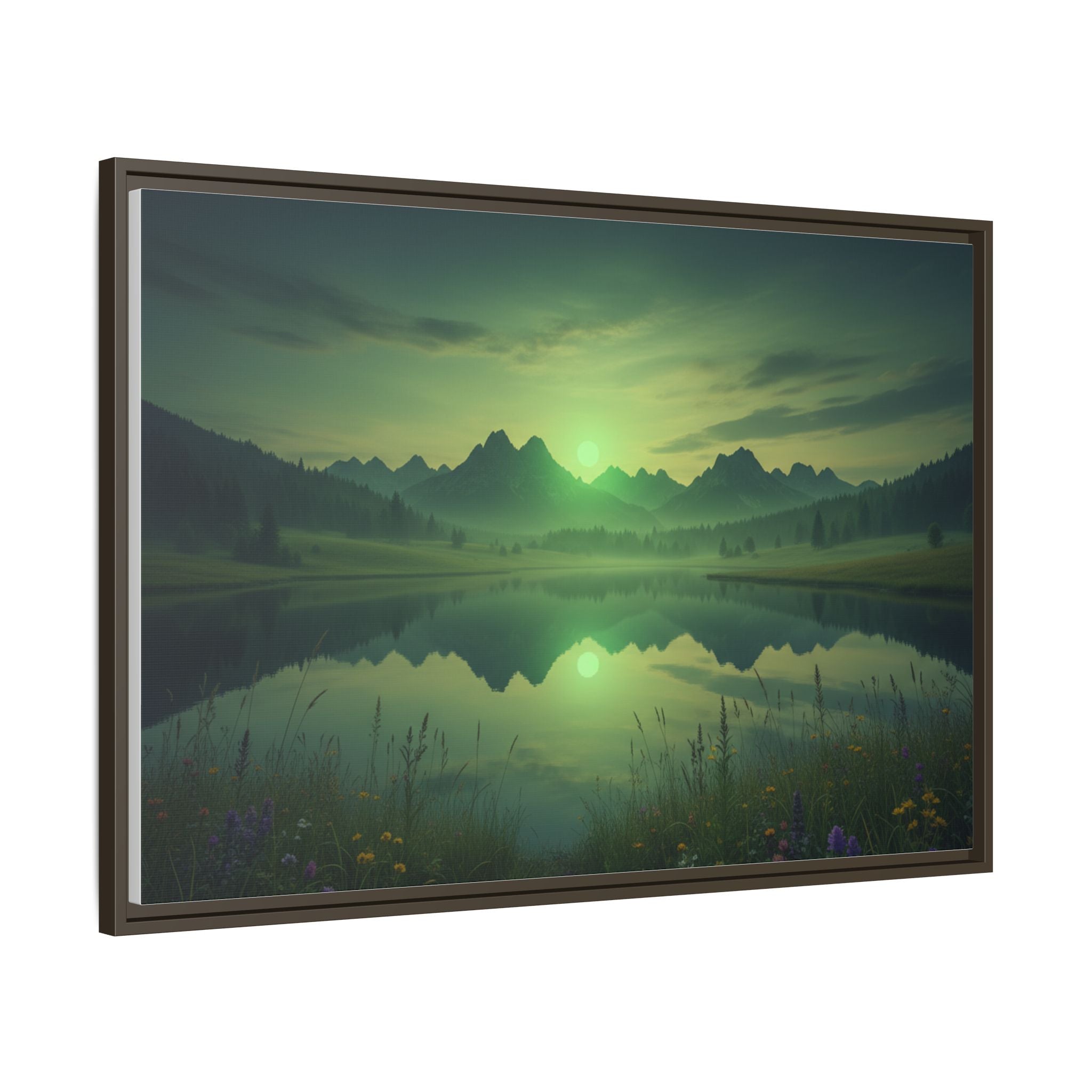 Framed Matte Canvas Print — Serene Green Mountain Lake Landscape