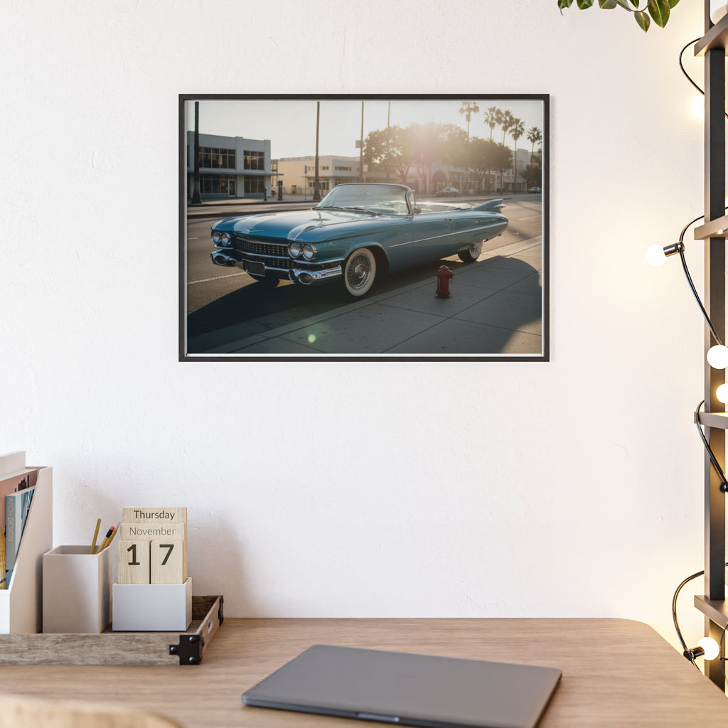 Vintage Blue Cadillac Poster with Wooden Frame – Retro Car Wall Art