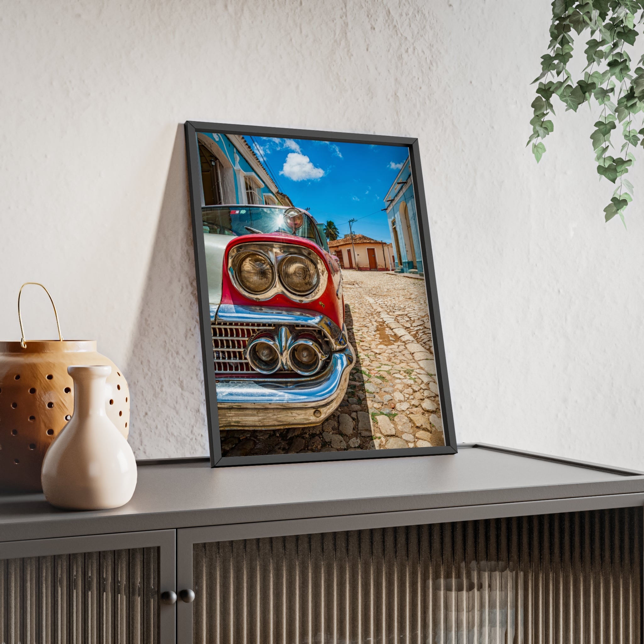 Vintage Classic Car Poster with Wooden Frame — Retro Cuba Street Photography Wall Art