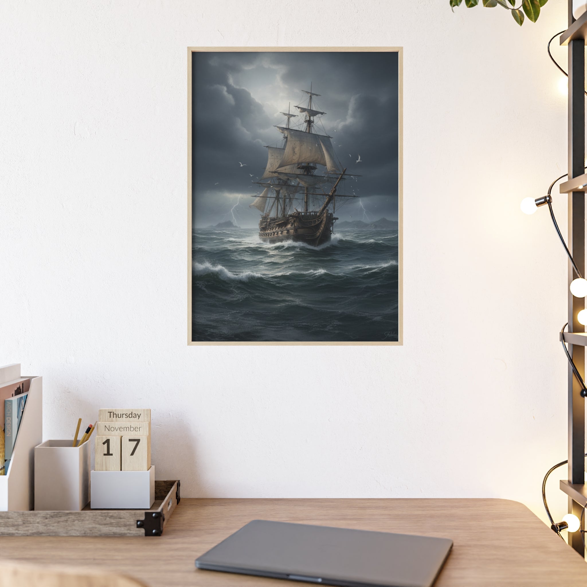 Framed Stormy Sea Ship Poster — Nautical Wall Art with Wooden Frame