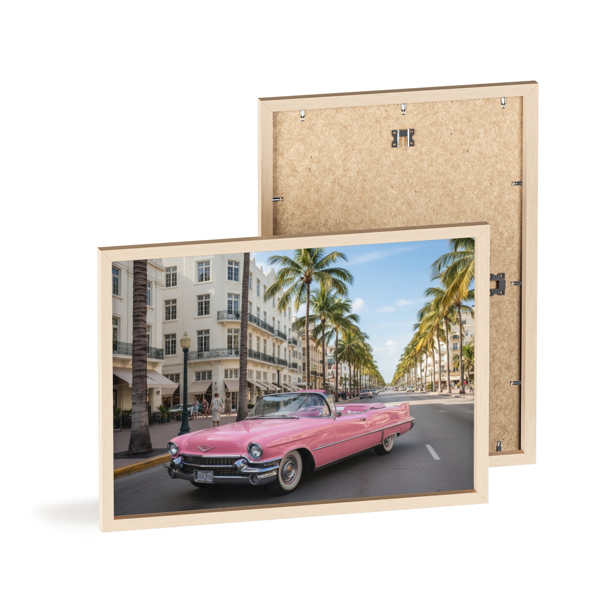 Vintage Pink Cadillac Wall Poster with Wooden Frame — Retro Miami Palm Street Photography