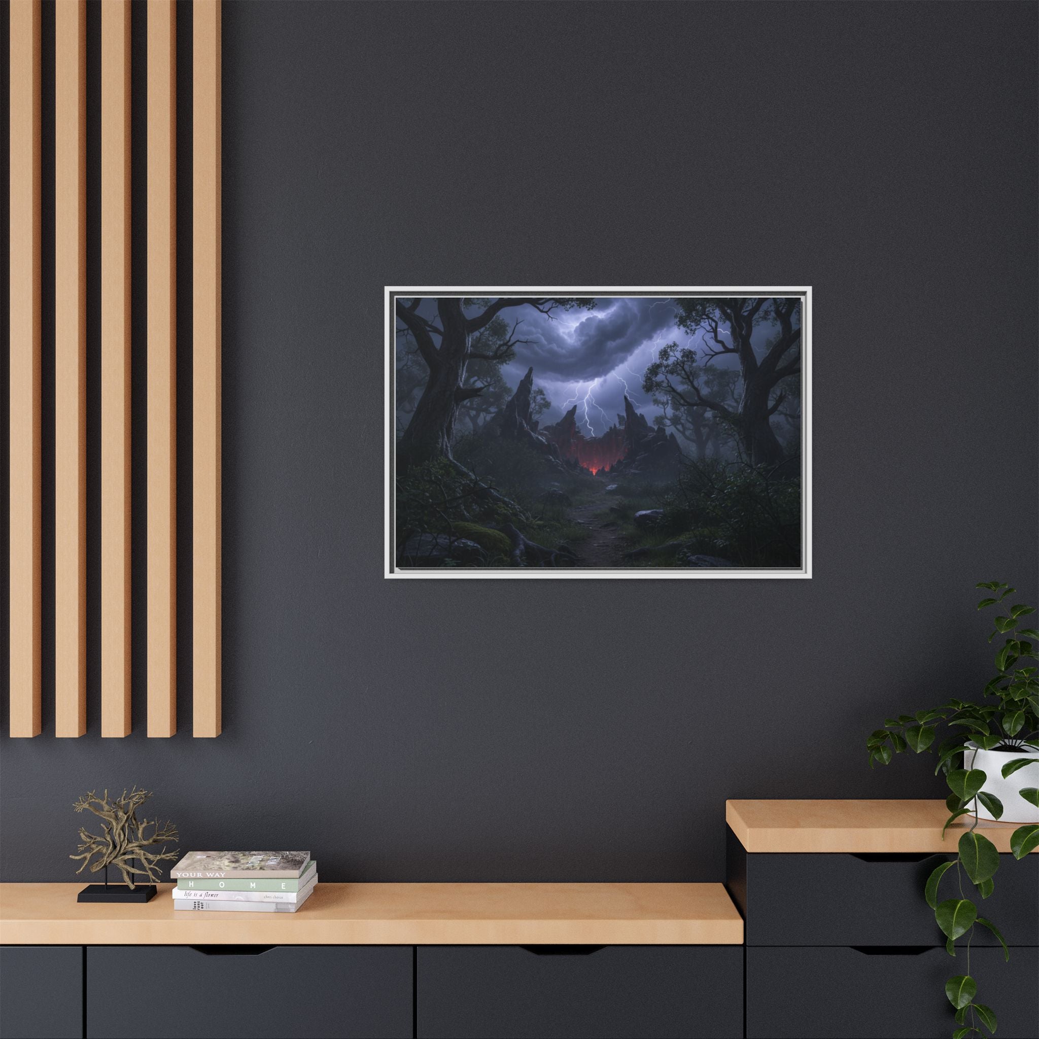 Dark Storm Forest Framed Canvas Print — Lightning, Haunted Castle Art