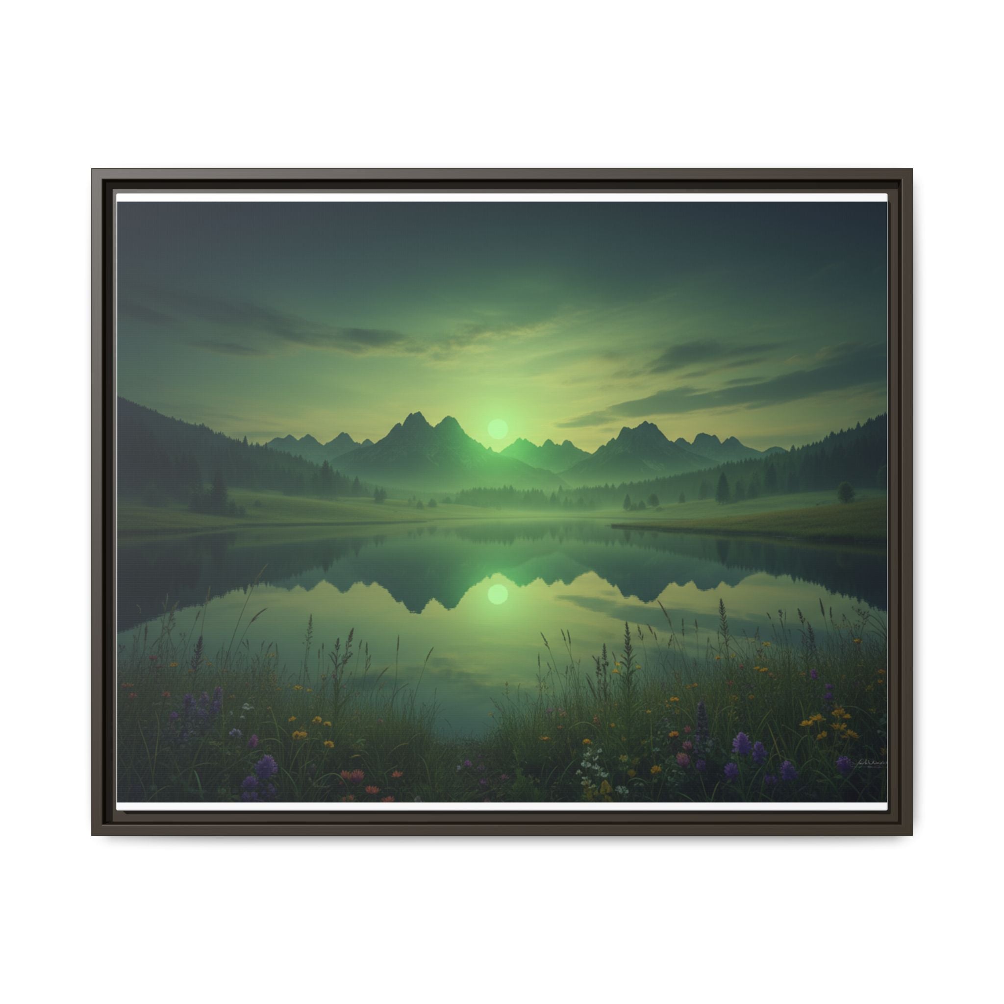 Framed Matte Canvas Print — Serene Green Mountain Lake Landscape