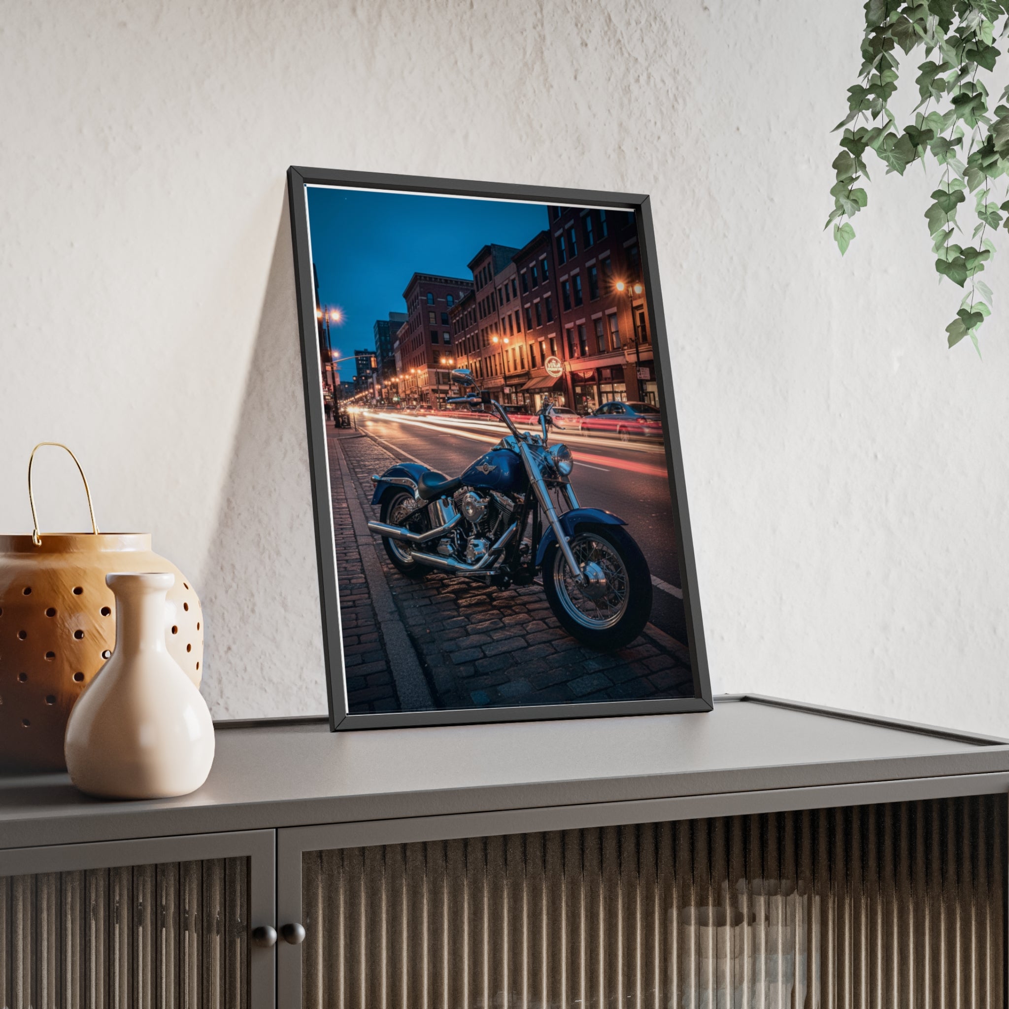 Framed Motorcycle Poster — Night City Street Bike Wall Art