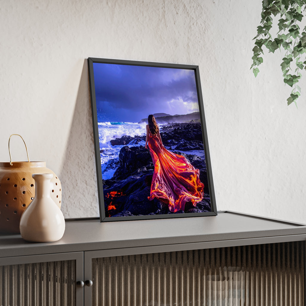 Framed Art Print — Woman in Fiery Red Dress on Rocky Shore (Wooden Frame Poster)