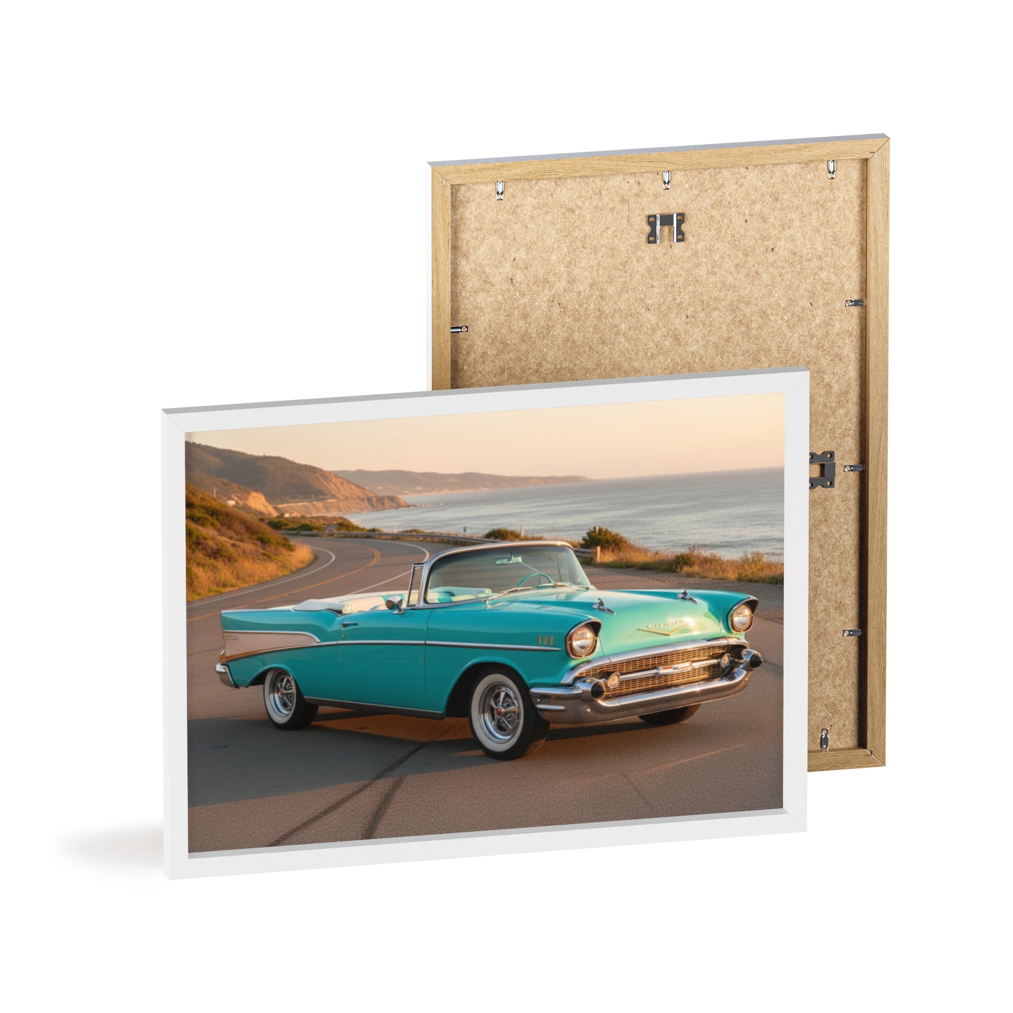 Vintage Teal Classic Car Poster with Wooden Frame — Coastal Road Print