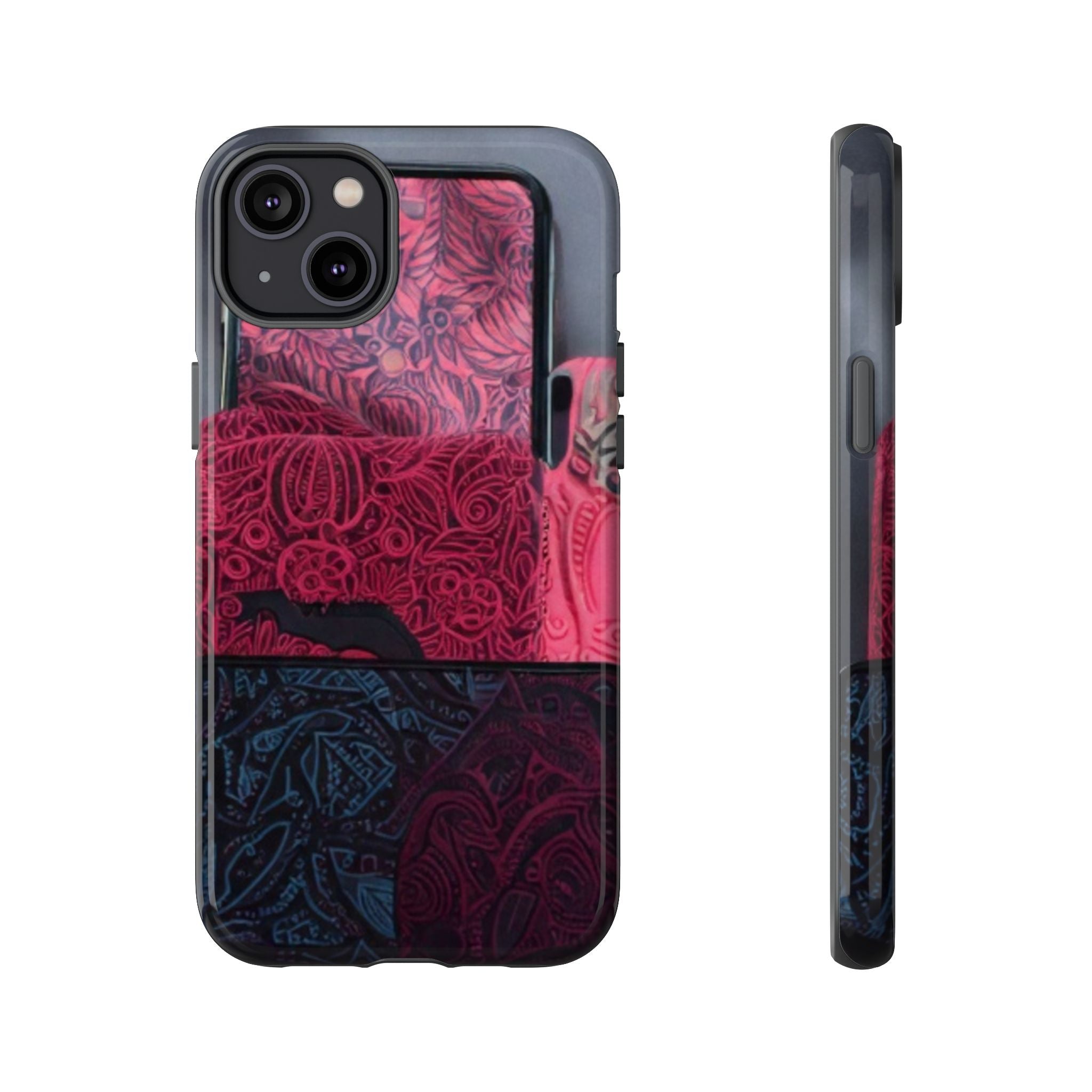 Floral Patchwork Tough Phone Case — Pink & Navy Doodle Design