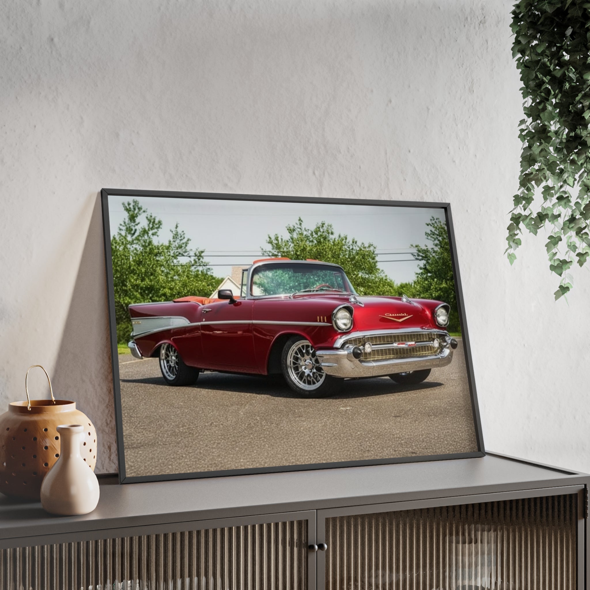 Vintage Red Classic Car Poster with Wooden Frame — Retro Automotive Wall Art