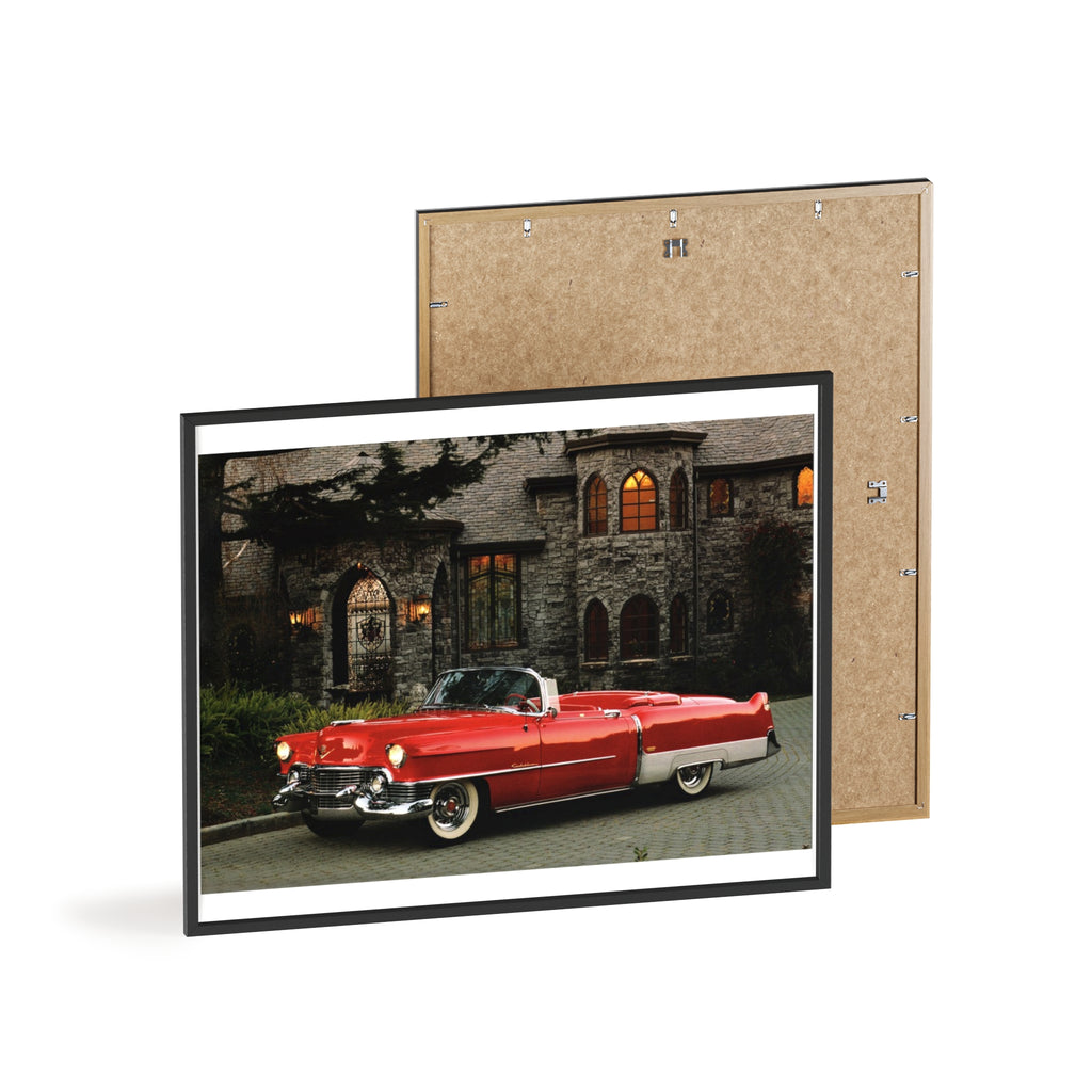 Vintage Red Convertible Poster with Wooden Frame — Classic Car Wall Art