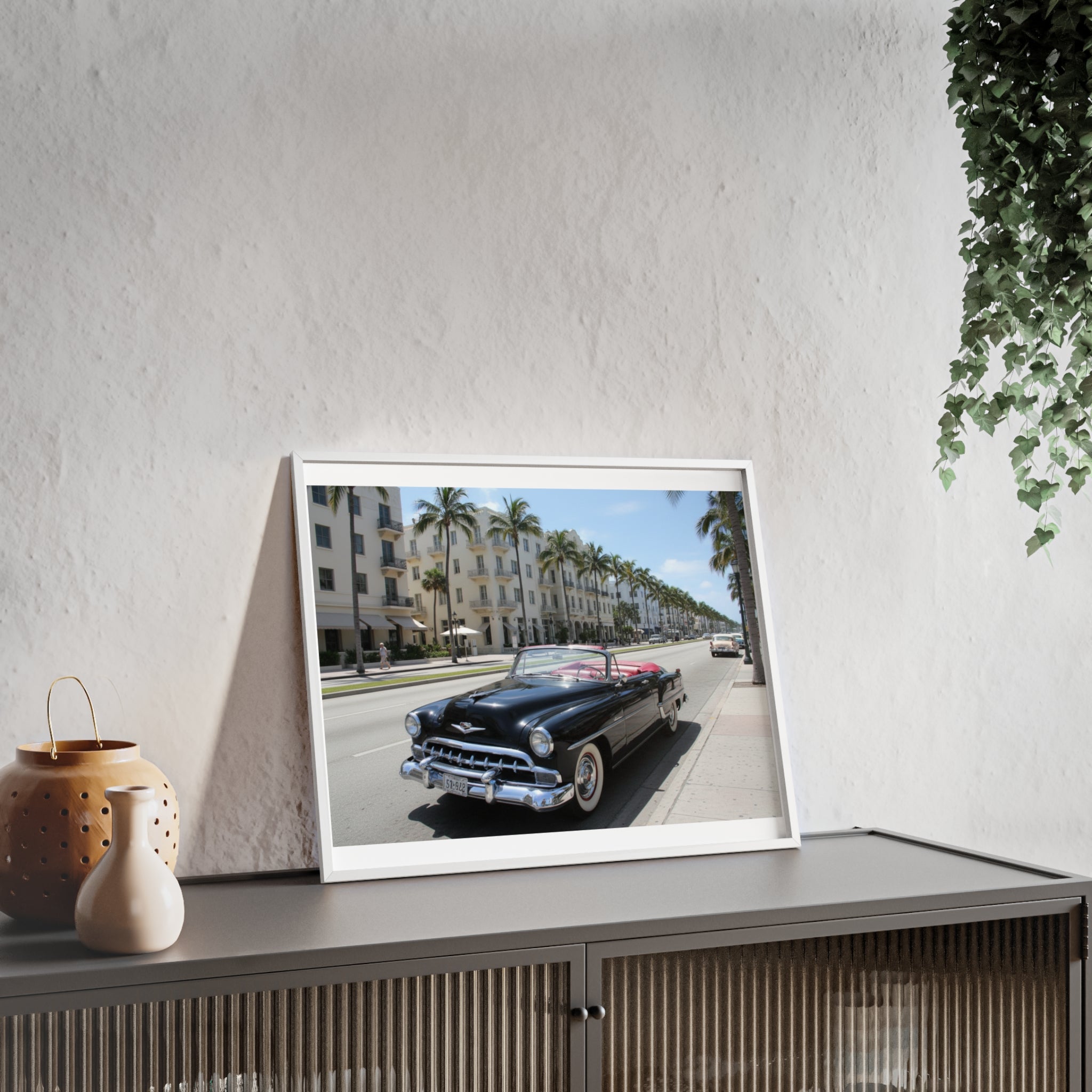 Vintage Convertible on Ocean Drive Framed Poster – Retro Classic Car Wall Art