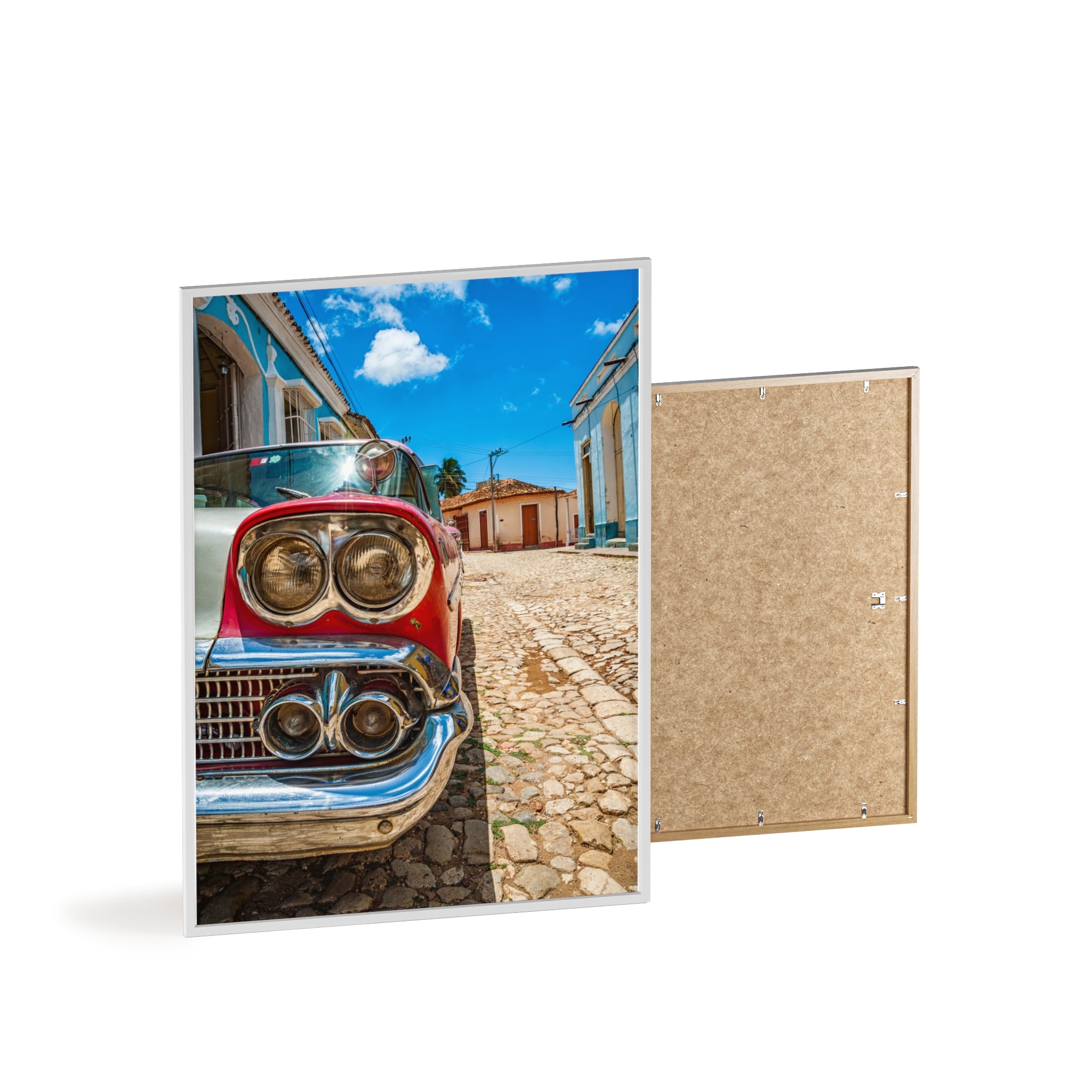 Vintage Classic Car Poster with Wooden Frame — Retro Cuba Street Photography Wall Art