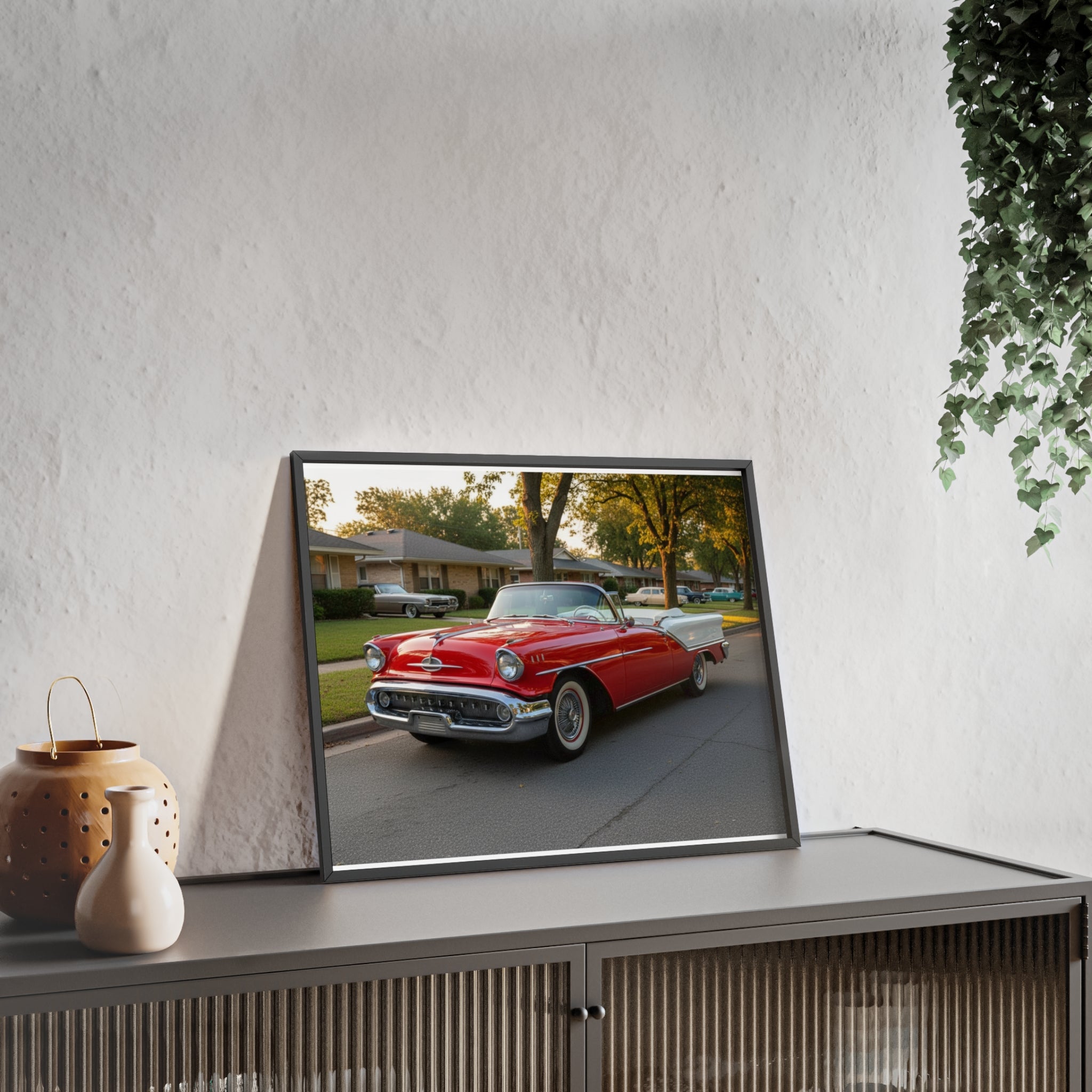 Vintage Red Convertible Poster with Wooden Frame — Classic Car Wall Art