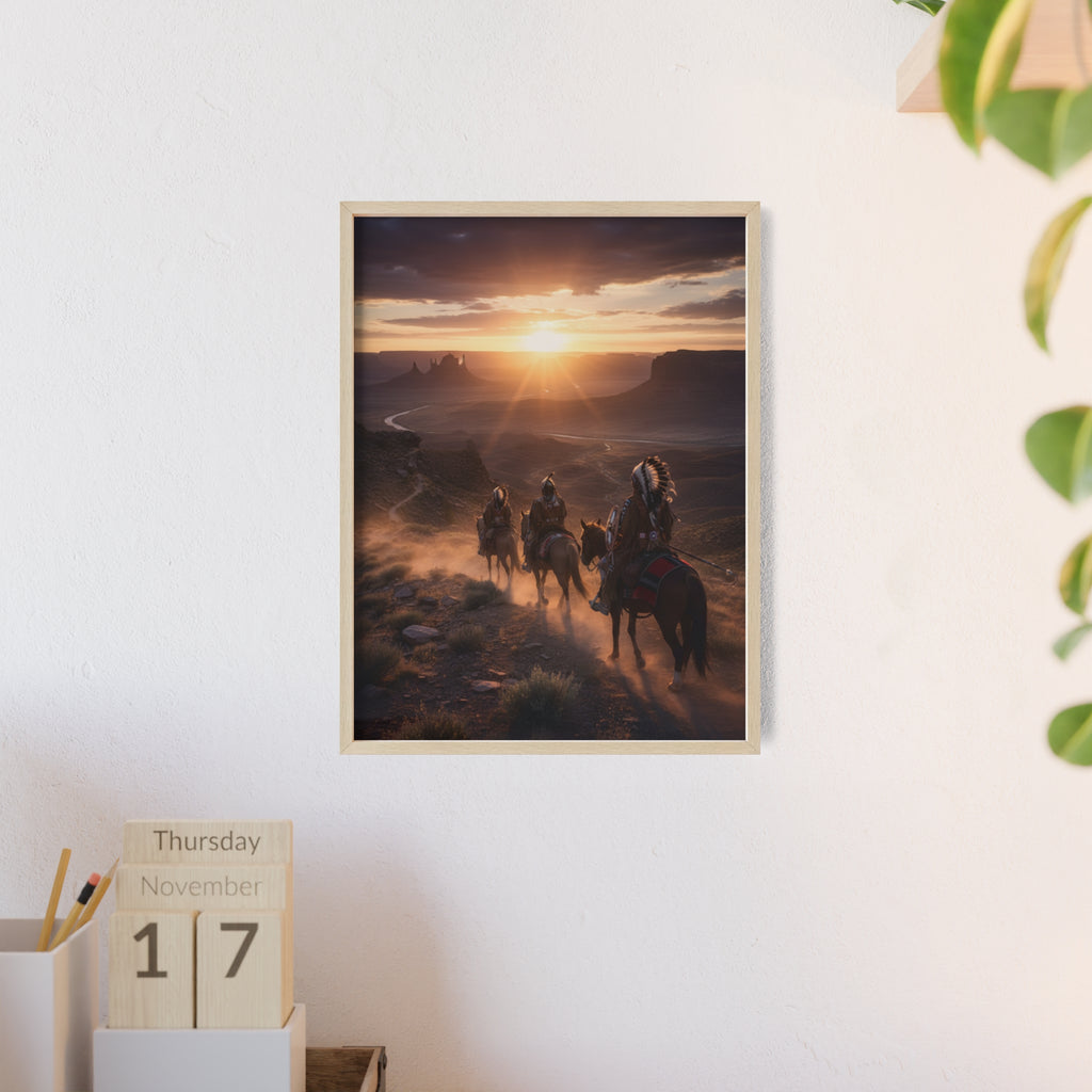 Framed Western Sunset Poster — Native Riders on Horseback Wall Art