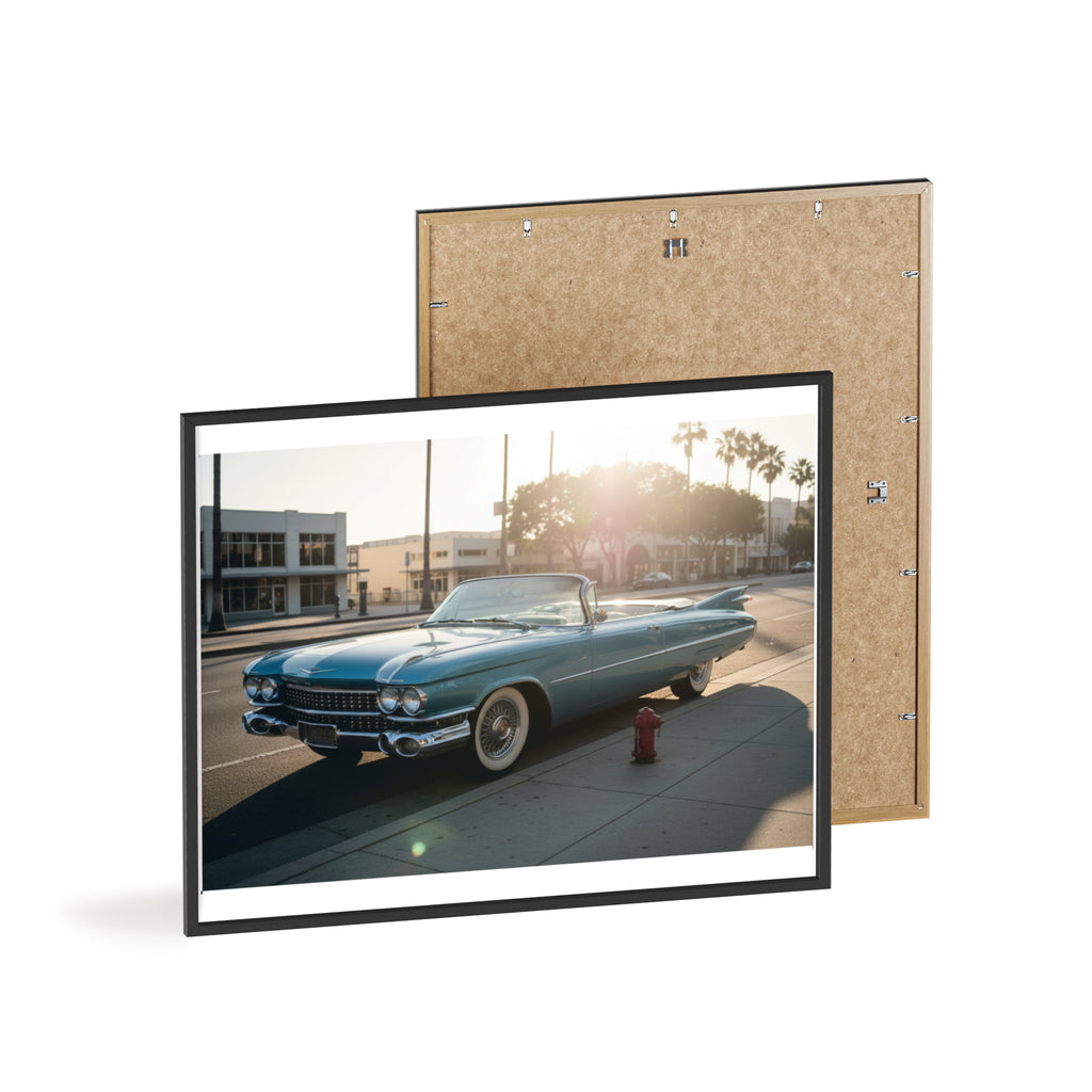 Vintage Blue Cadillac Poster with Wooden Frame – Retro Car Wall Art