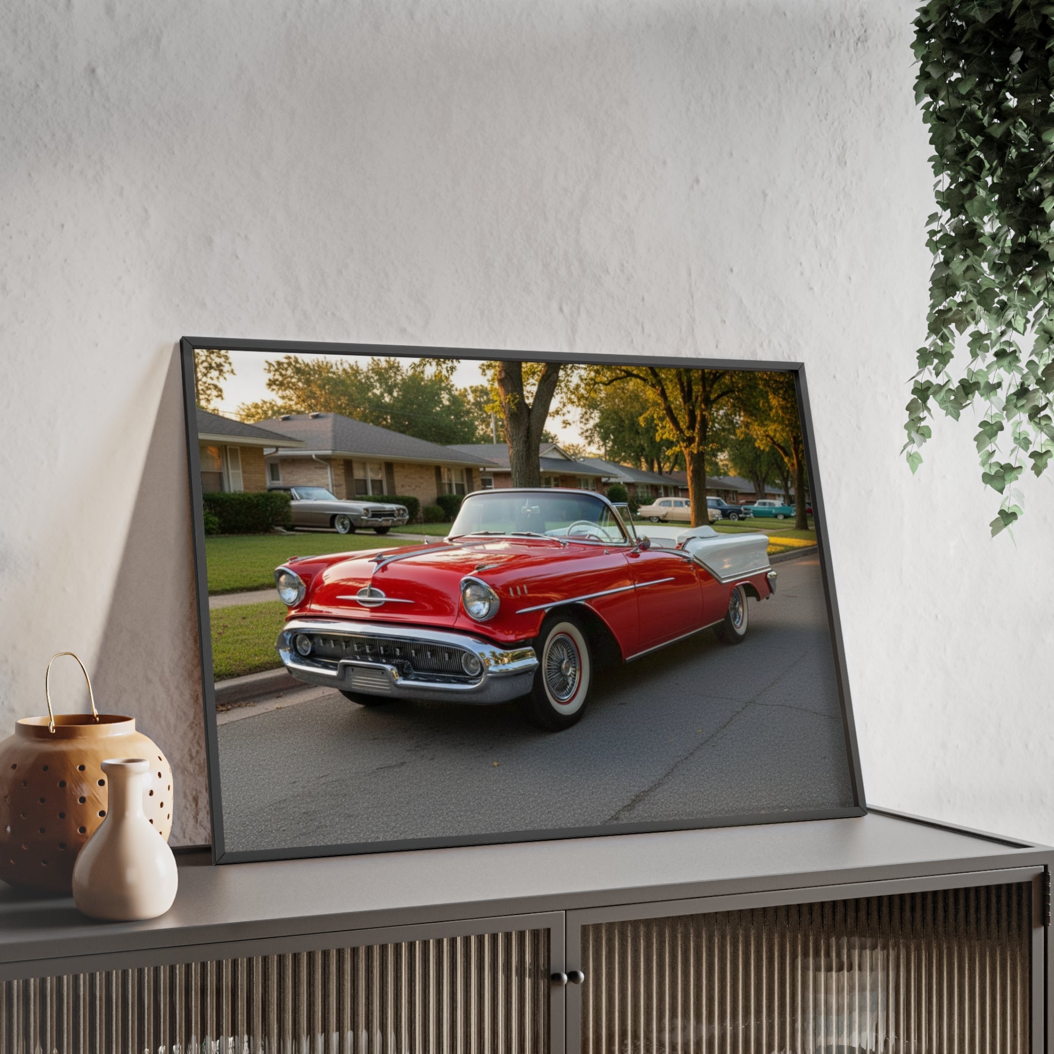 Vintage Red Convertible Poster with Wooden Frame — Classic Car Wall Art