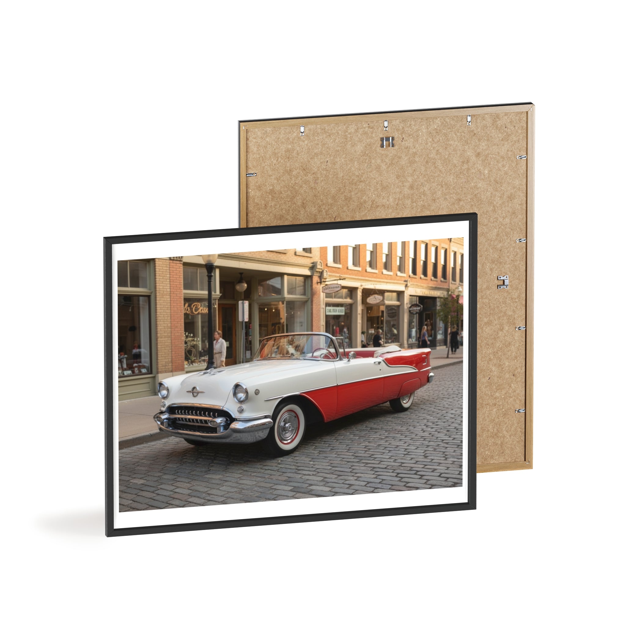 Vintage Red & White Convertible Poster with Wooden Frame — Retro Car Wall Art