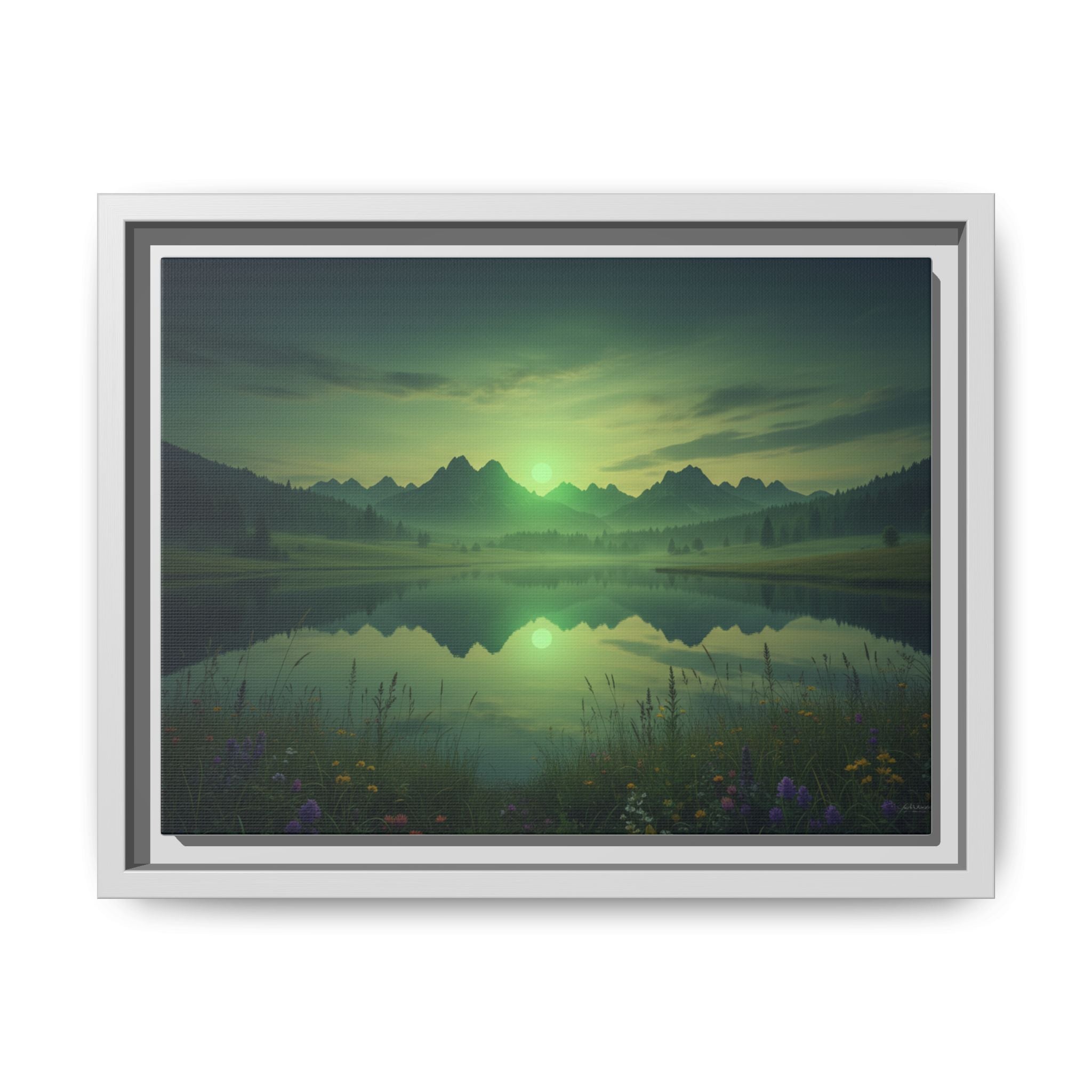 Framed Matte Canvas Print — Serene Green Mountain Lake Landscape