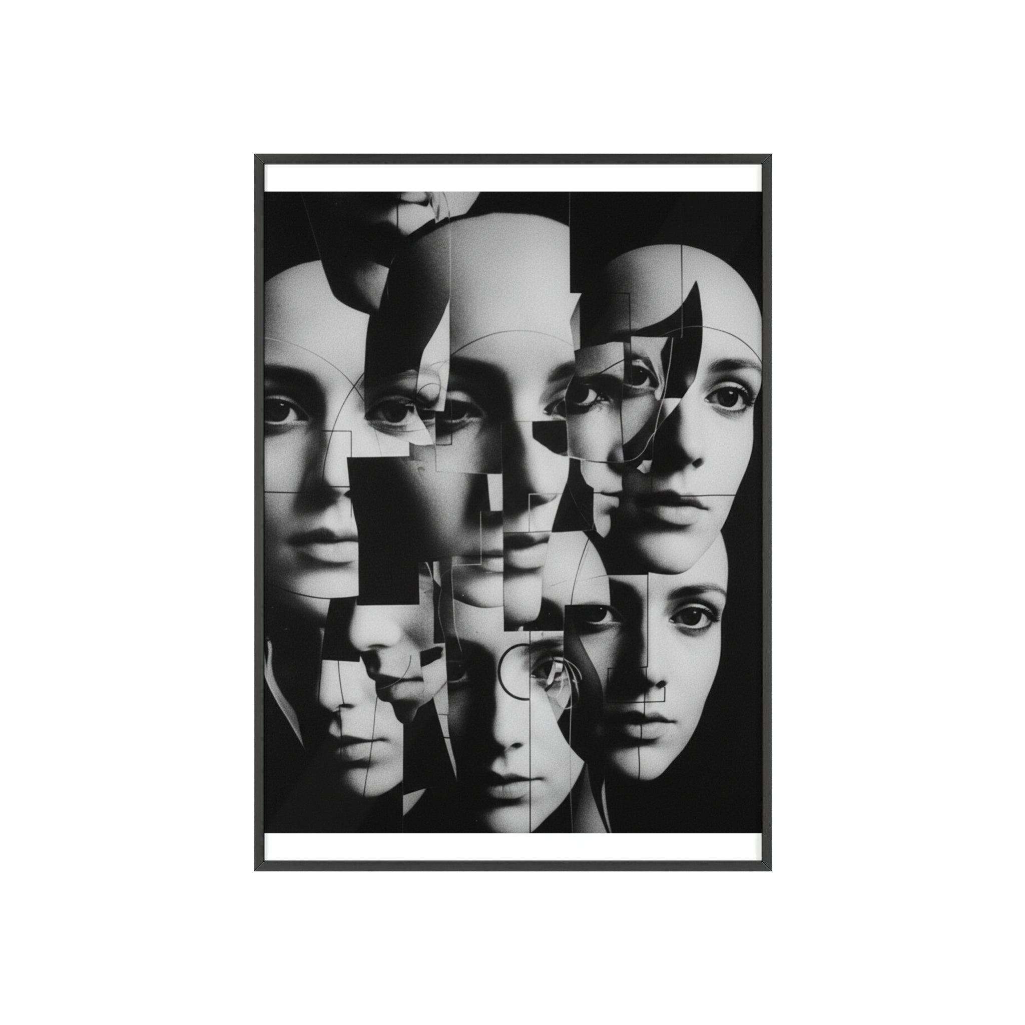 Surreal Multi-Face Black & White Poster — Framed Wooden Art Print