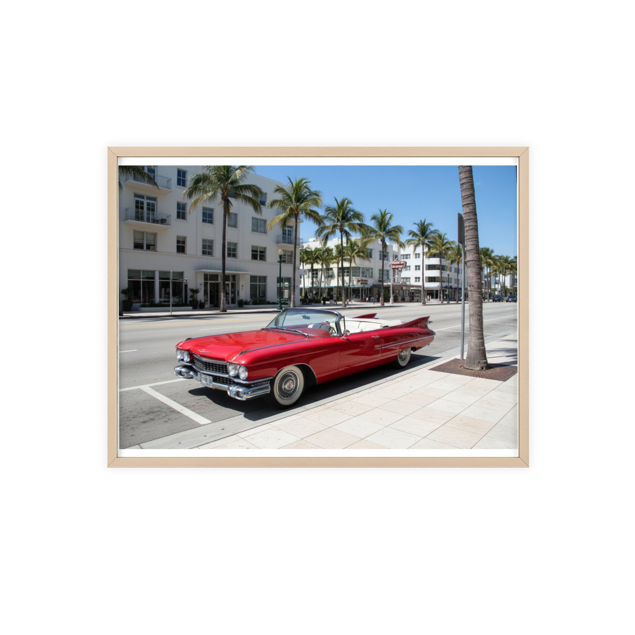 Retro Red Convertible Palm Beach Poster with Wooden Frame