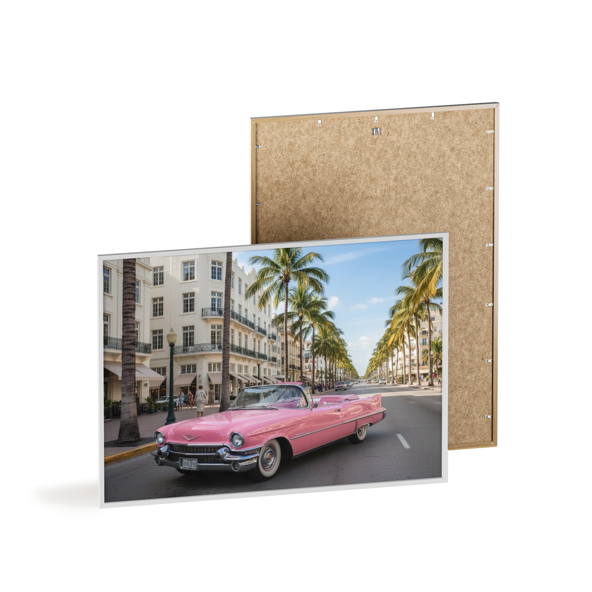 Vintage Pink Cadillac Wall Poster with Wooden Frame — Retro Miami Palm Street Photography