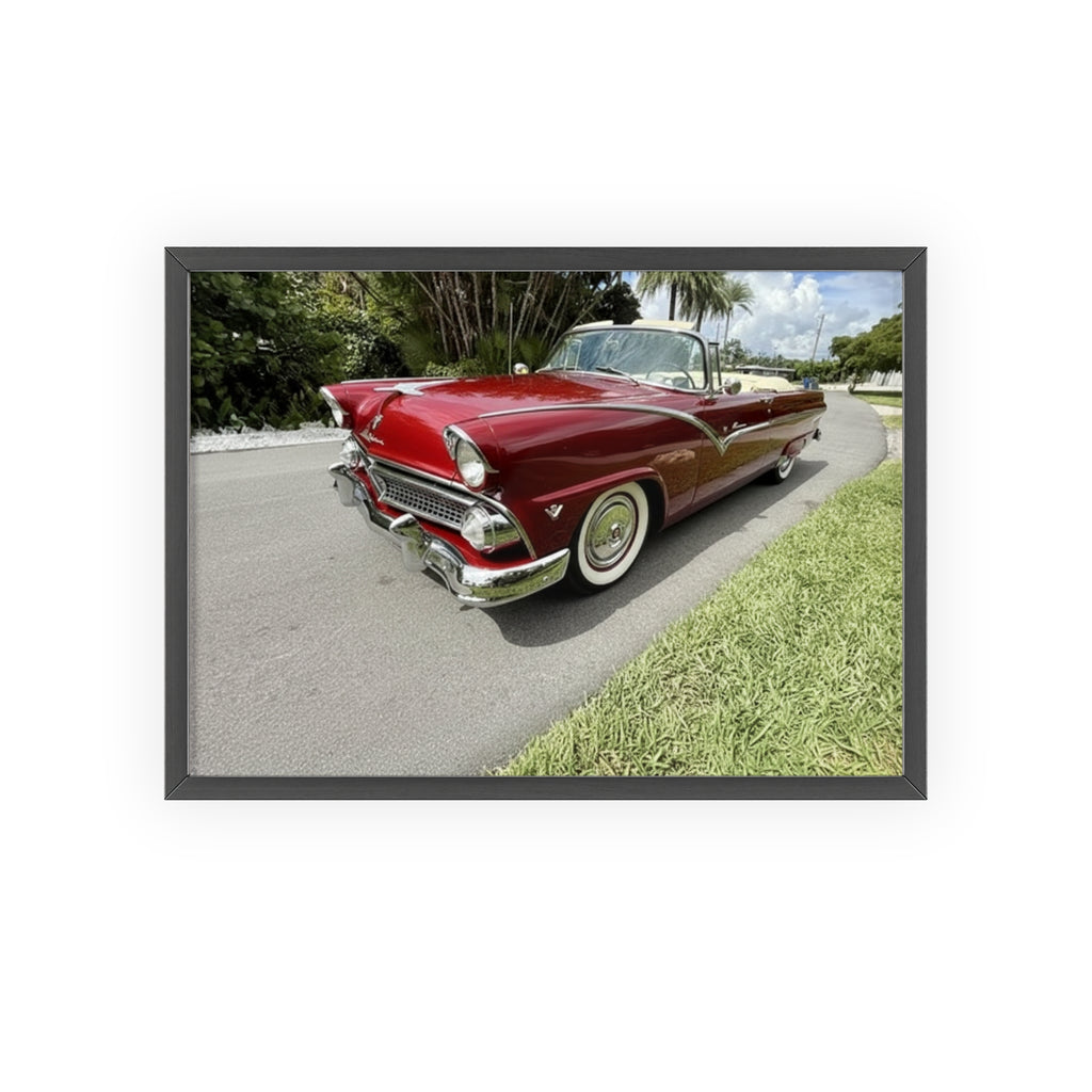 Vintage Red Convertible Poster with Wooden Frame — Classic Car Wall Art