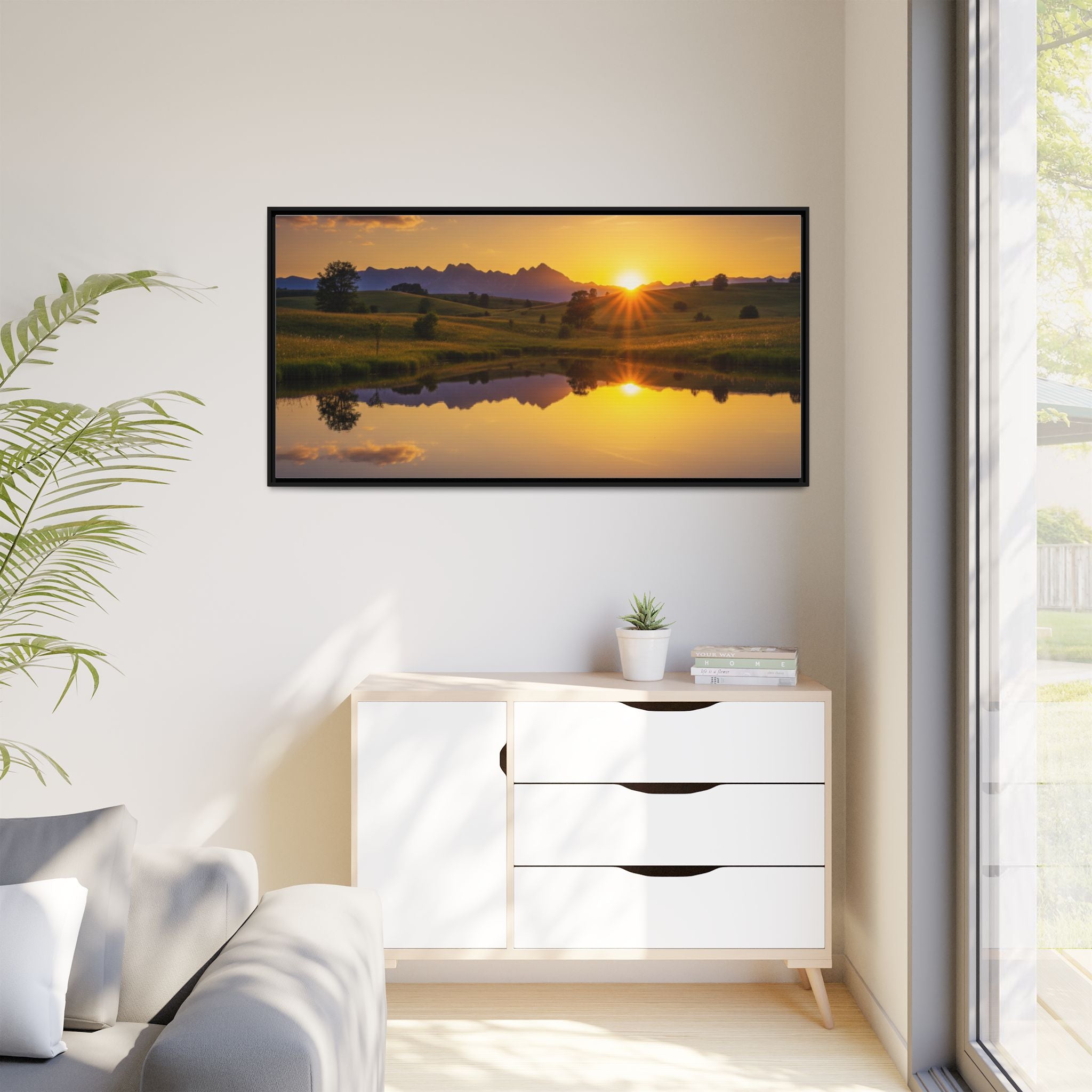 Framed Matte Canvas Sunset Landscape — Serene Lake Reflection Wall Art