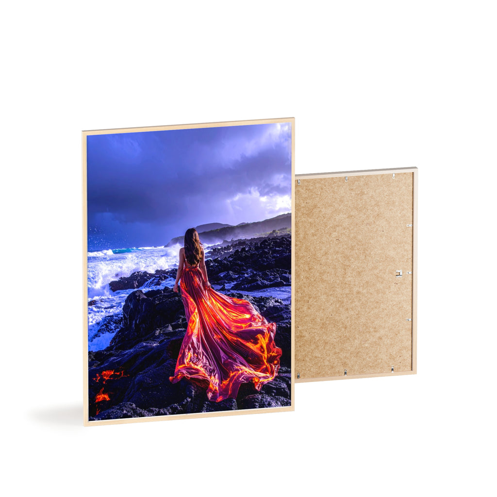 Framed Art Print — Woman in Fiery Red Dress on Rocky Shore (Wooden Frame Poster)