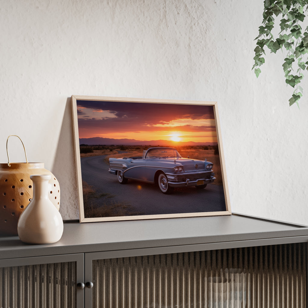 Vintage Convertible Sunset Poster with Wooden Frame
