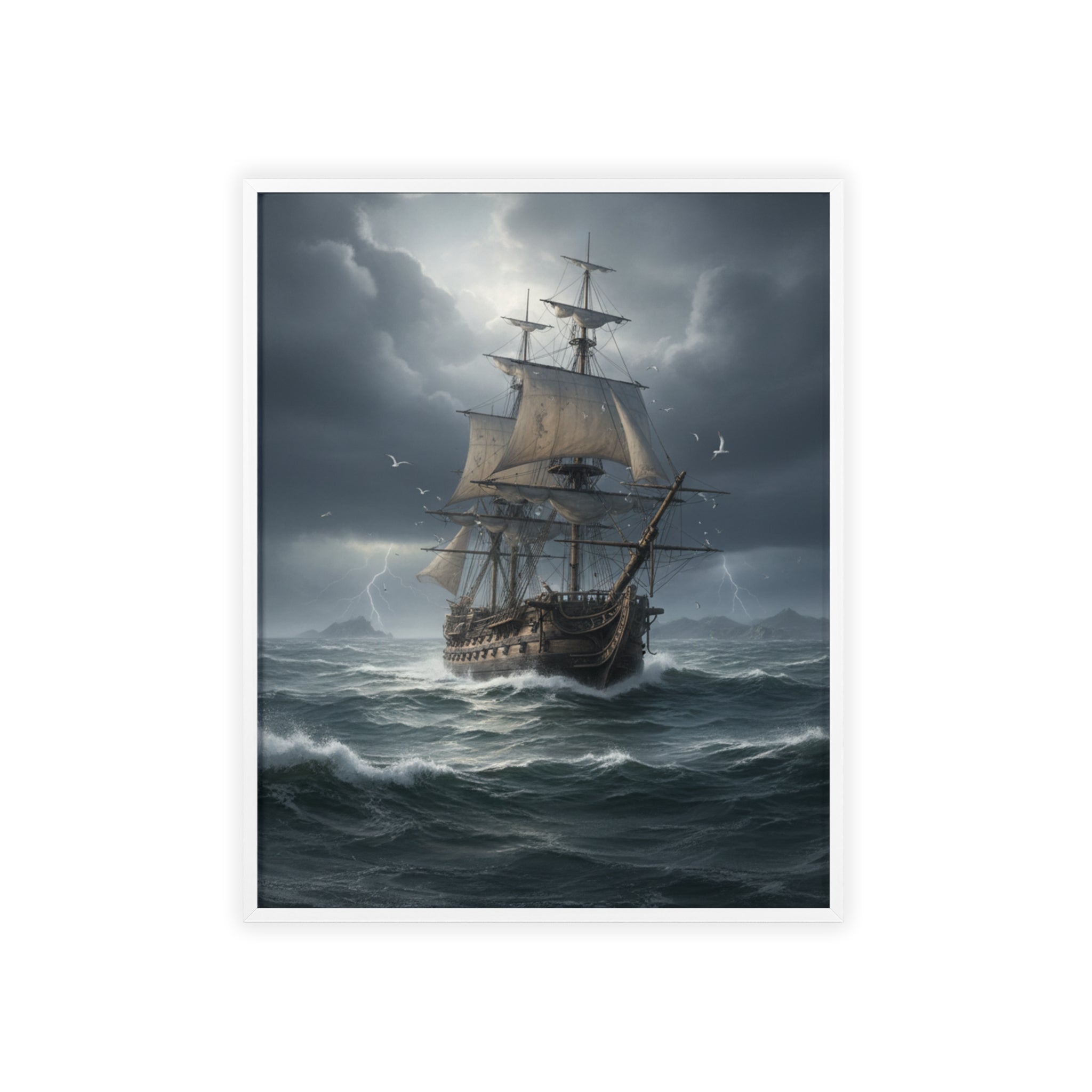 Framed Stormy Sea Ship Poster — Nautical Wall Art with Wooden Frame