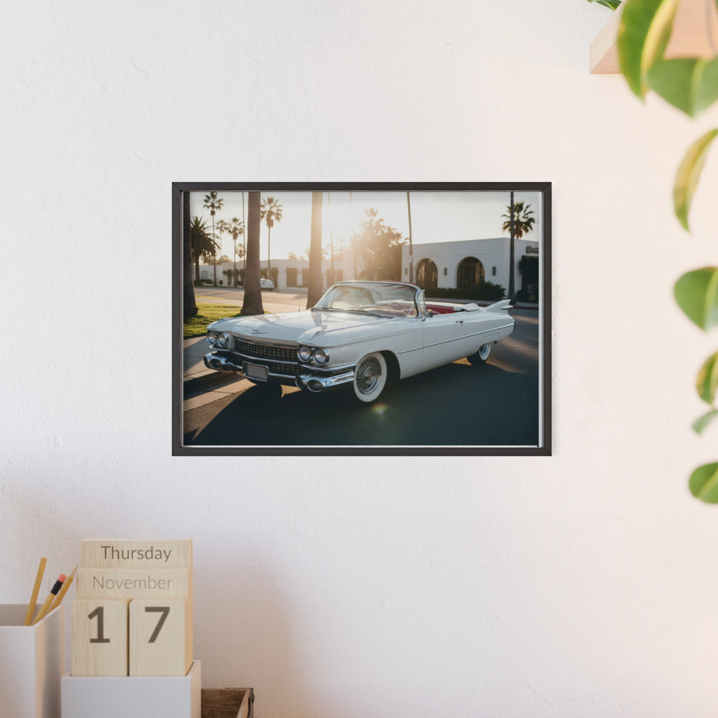 Vintage Cadillac Convertible Poster with Wooden Frame — Retro Palm Trees Sunset Wall Art