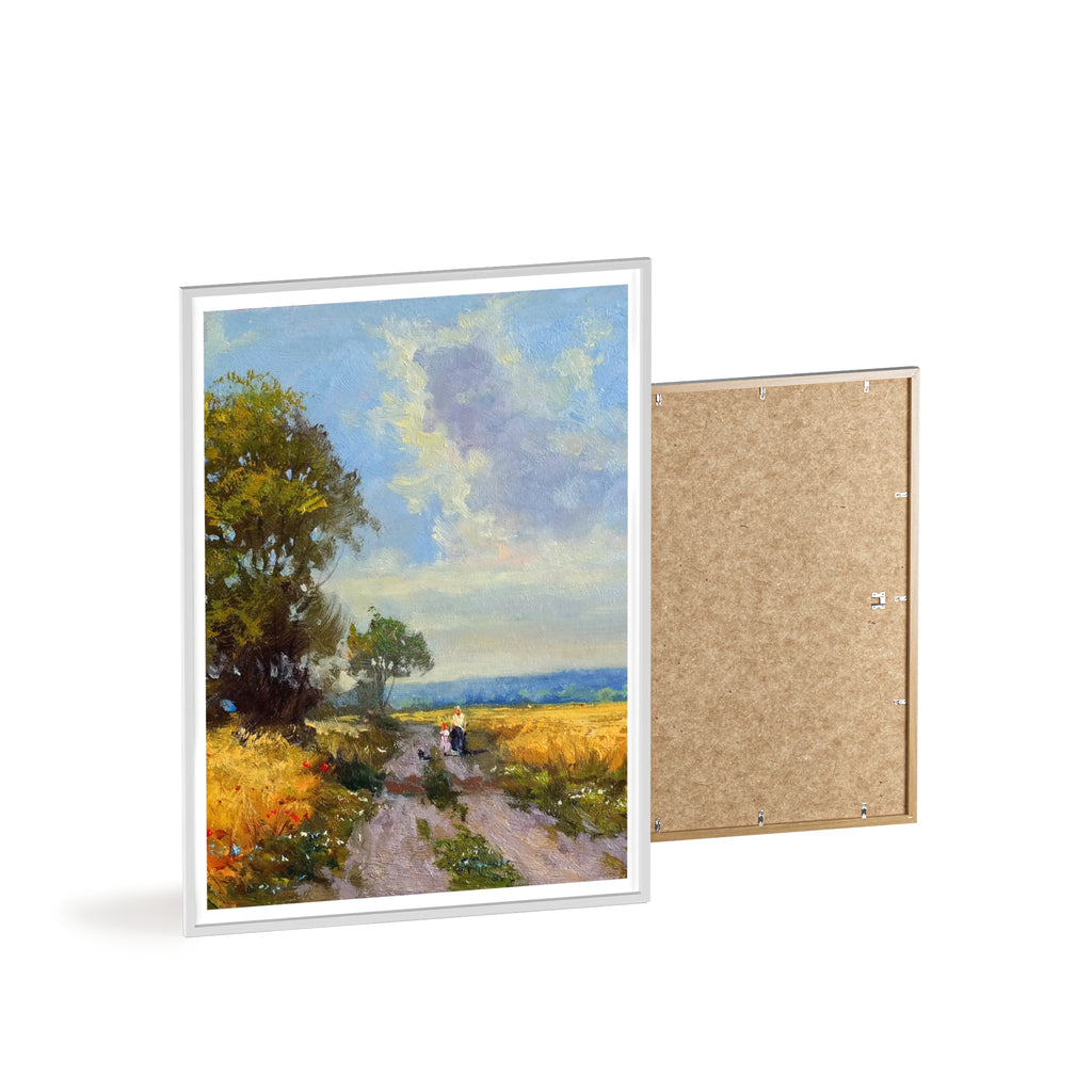 Framed Countryside Landscape Poster — Rustic Wooden Frame Wall Art