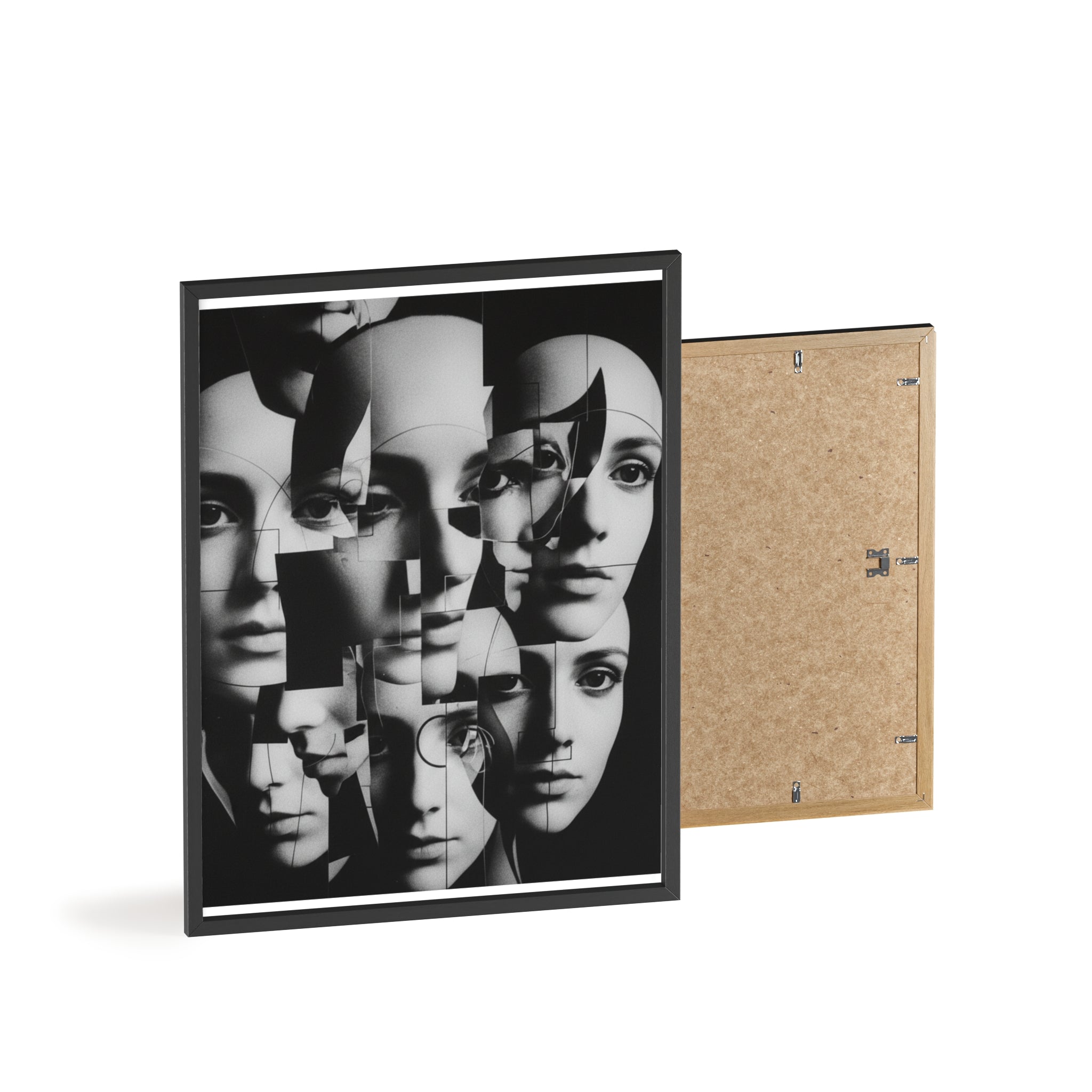 Surreal Multi-Face Black & White Poster — Framed Wooden Art Print