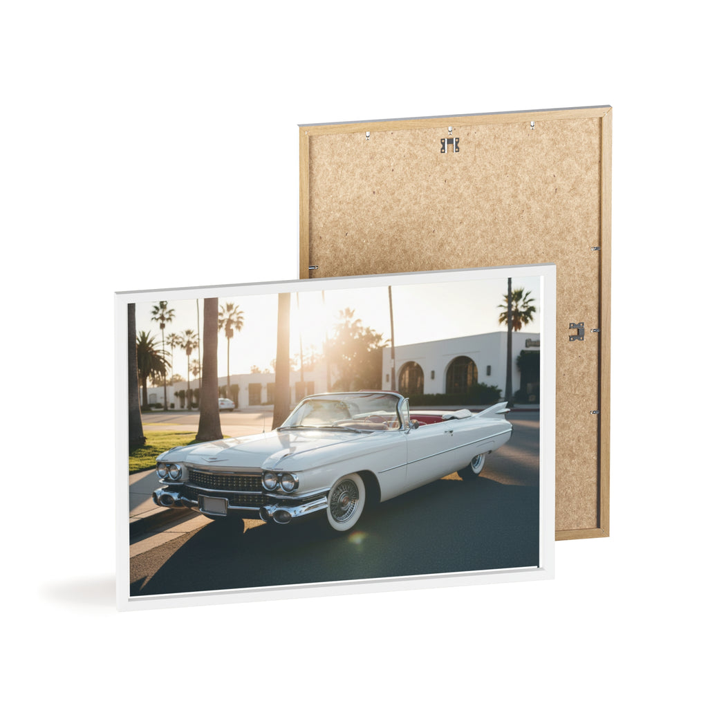 Vintage Cadillac Convertible Poster with Wooden Frame — Retro Palm Trees Sunset Wall Art