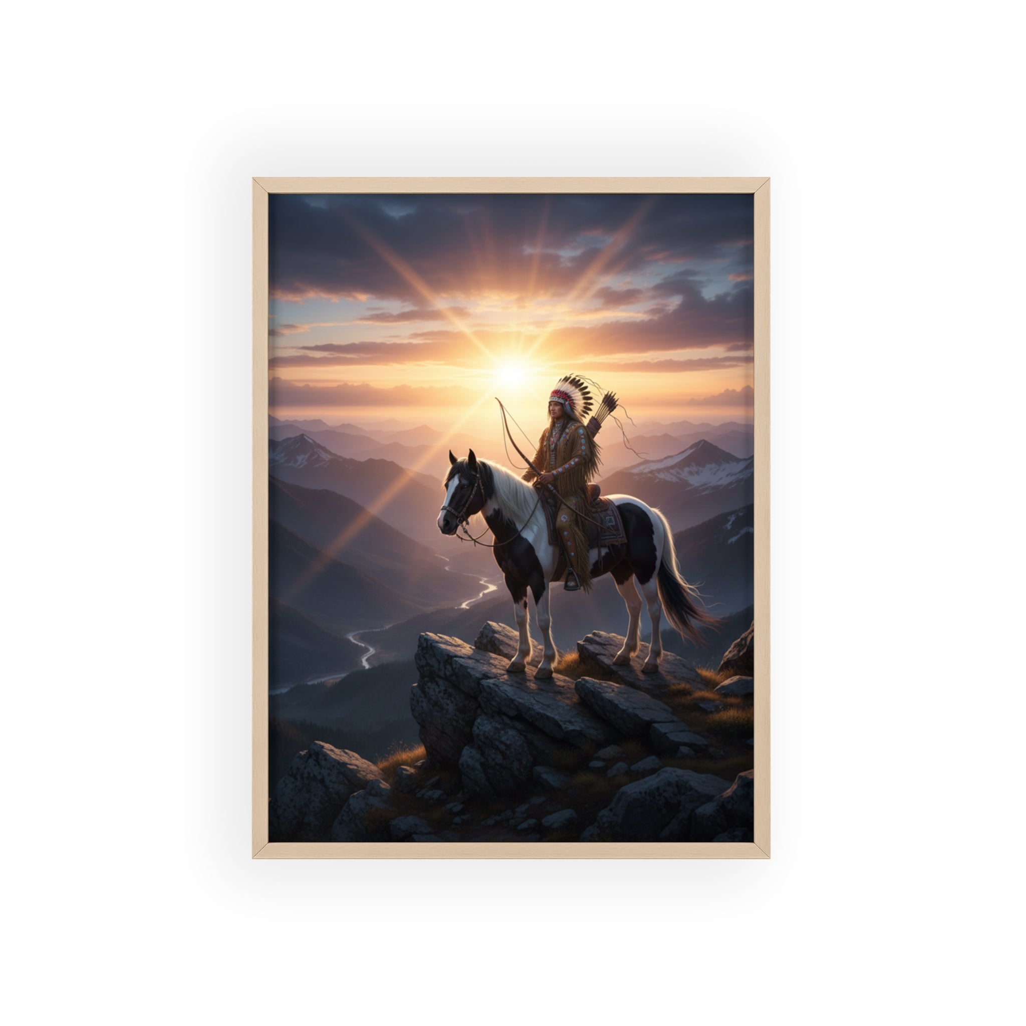 Native American Warrior on Horse Framed Poster — Scenic Sunrise Wall Art