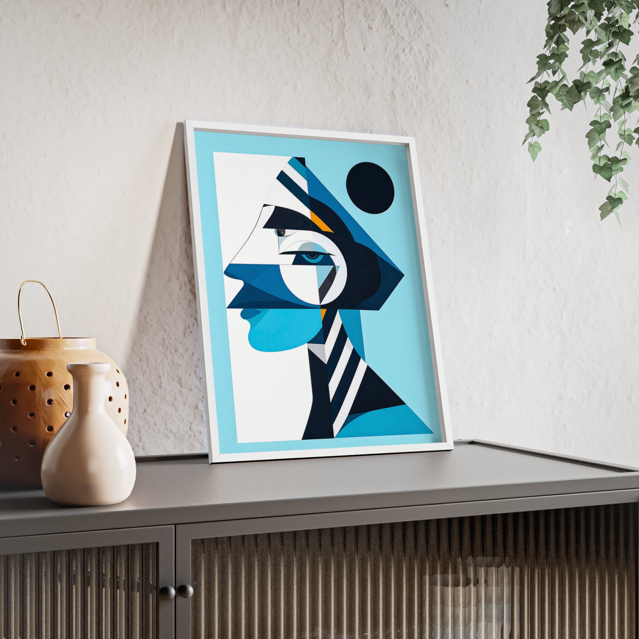 Abstract Geometric Portrait Poster with Wooden Frame — Blue Modern Wall Art