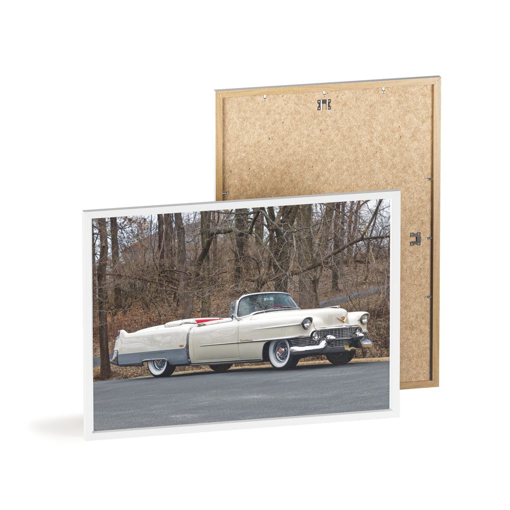 Vintage 1950s White Cadillac Poster with Wooden Frame - Classic Car Wall Art