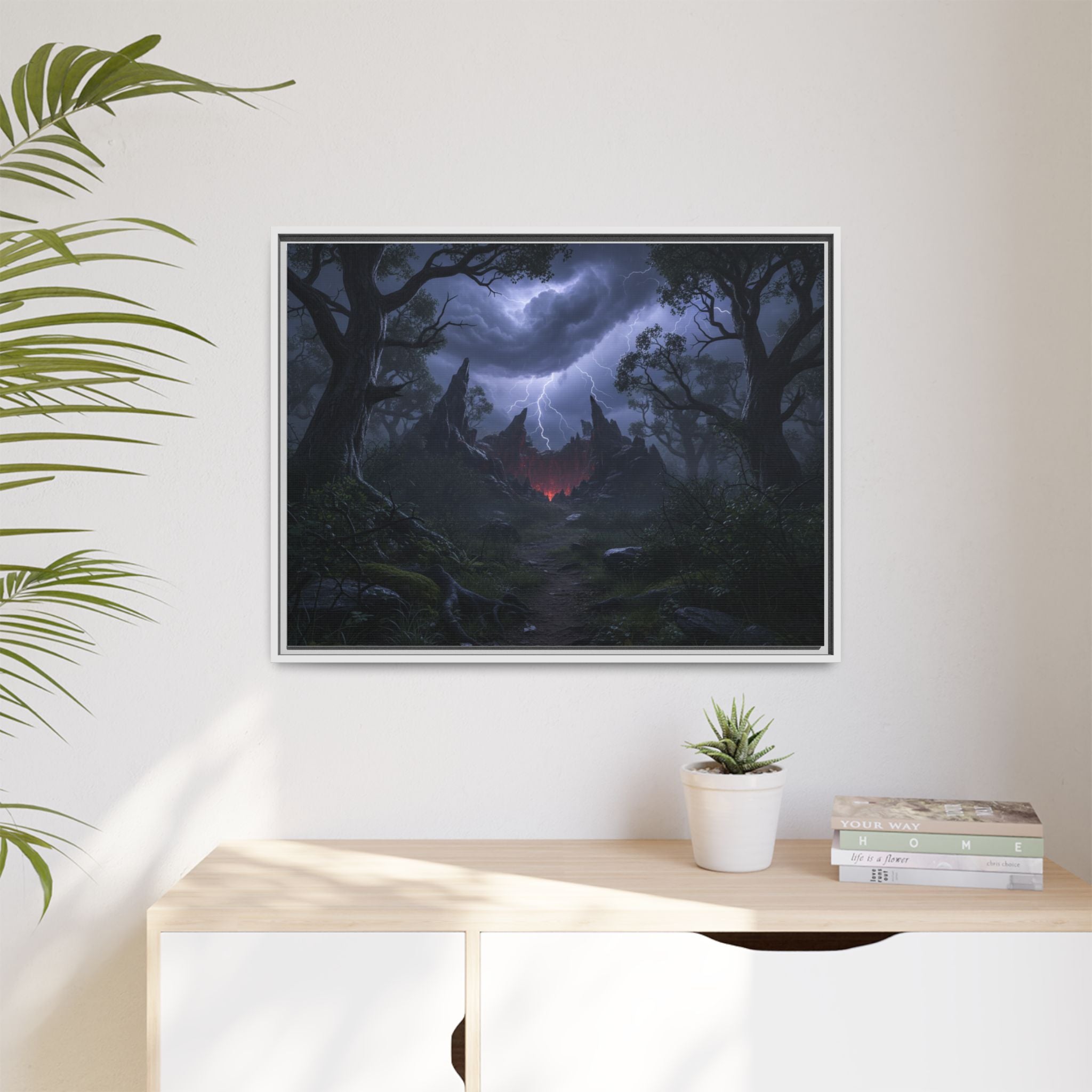 Dark Storm Forest Framed Canvas Print — Lightning, Haunted Castle Art