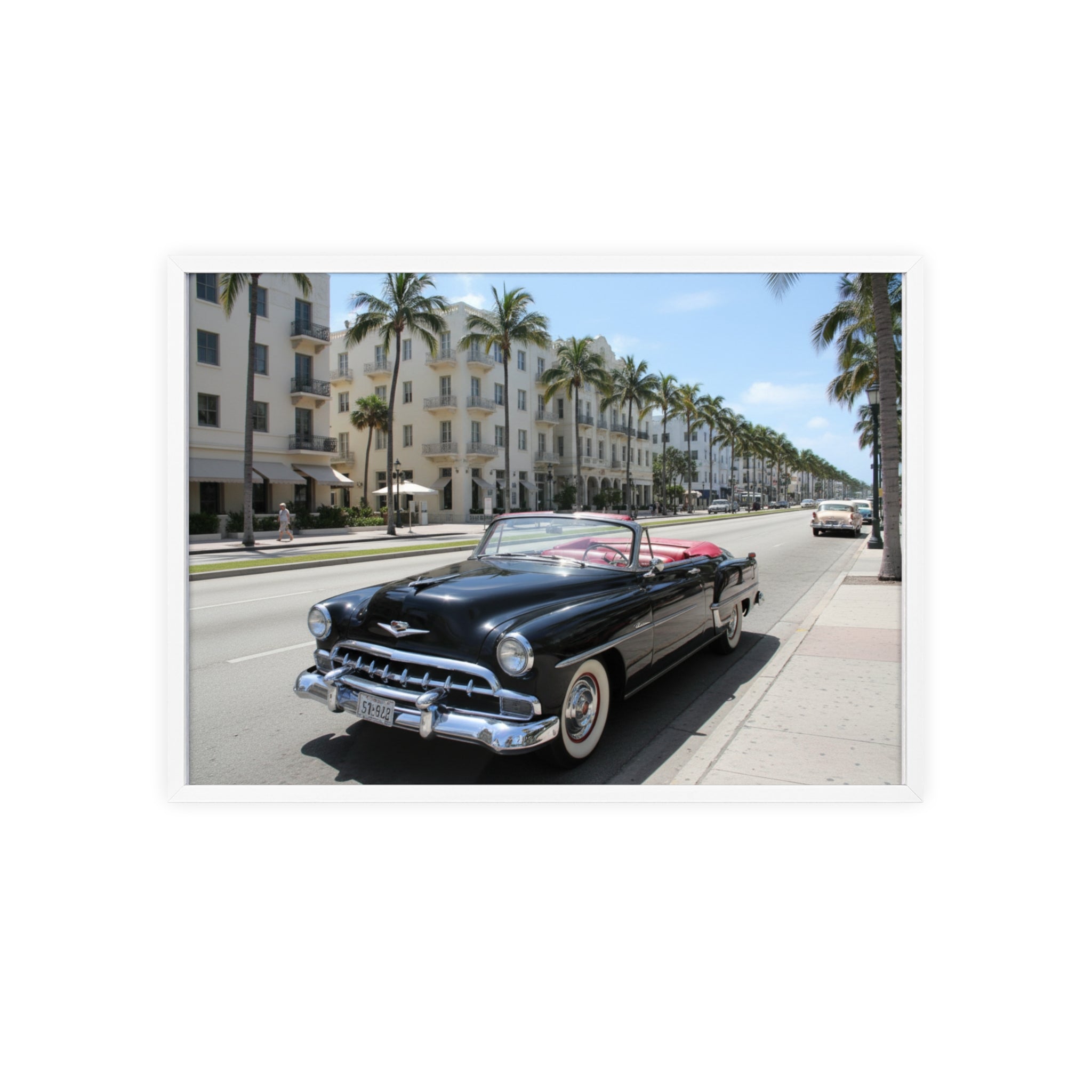 Vintage Convertible on Ocean Drive Framed Poster – Retro Classic Car Wall Art