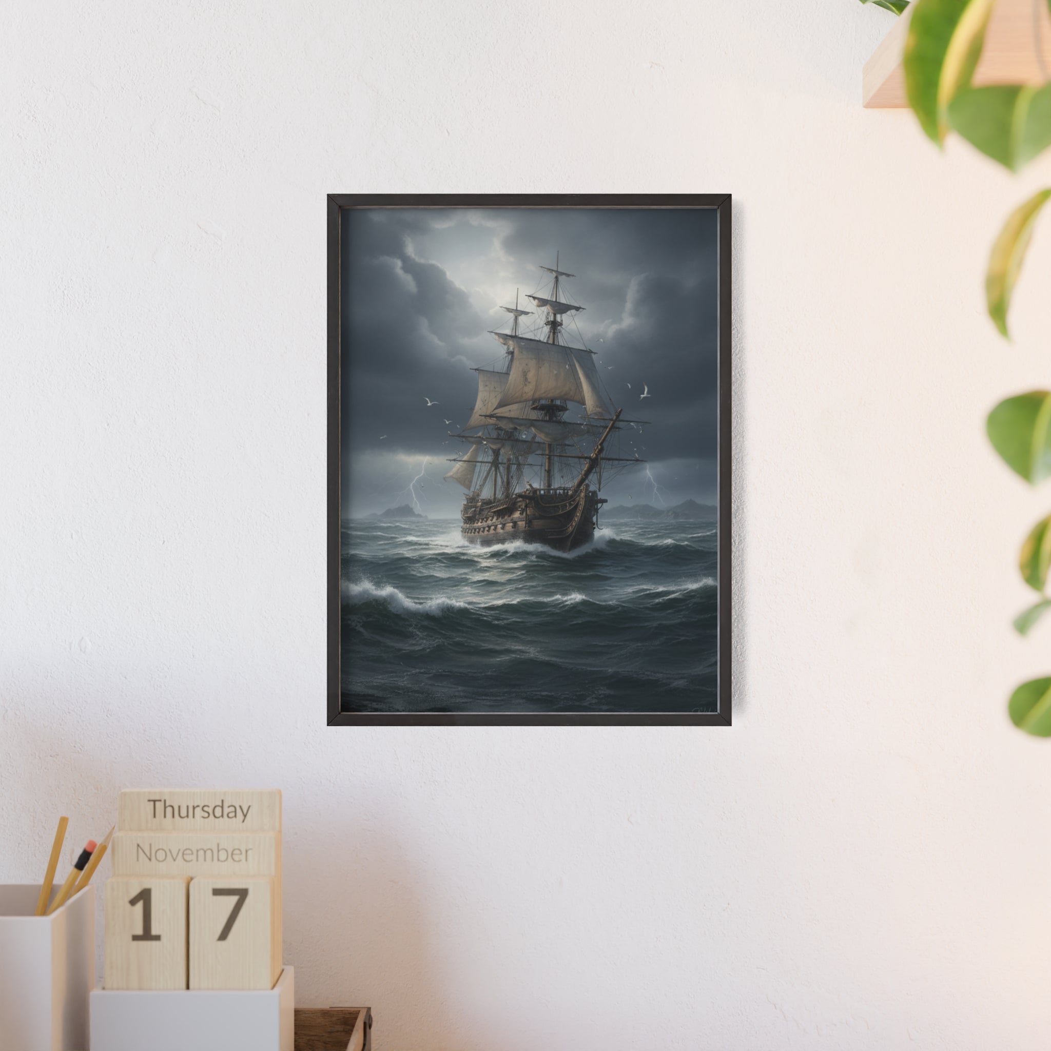 Framed Stormy Sea Ship Poster — Nautical Wall Art with Wooden Frame