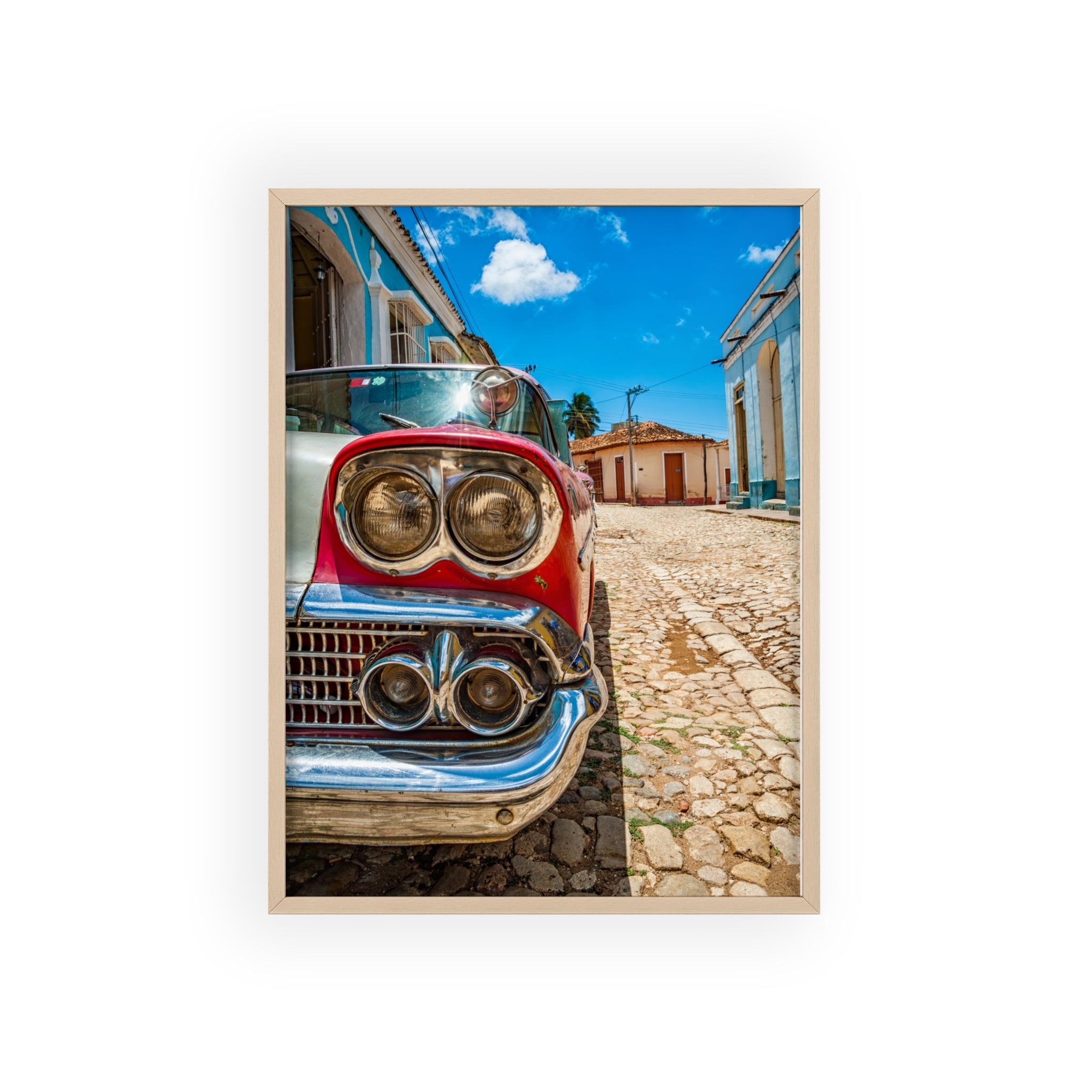 Vintage Classic Car Poster with Wooden Frame — Retro Cuba Street Photography Wall Art