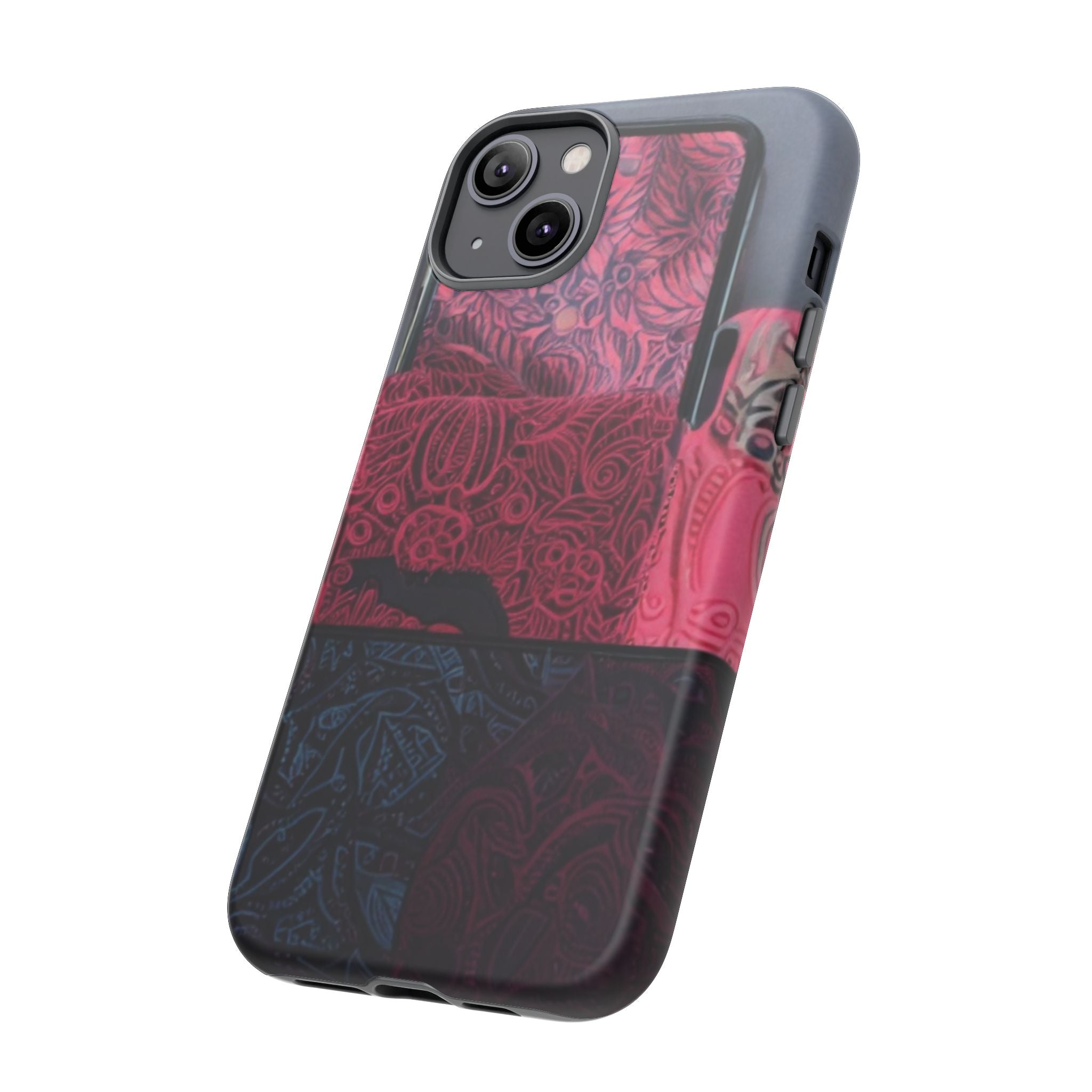 Floral Patchwork Tough Phone Case — Pink & Navy Doodle Design