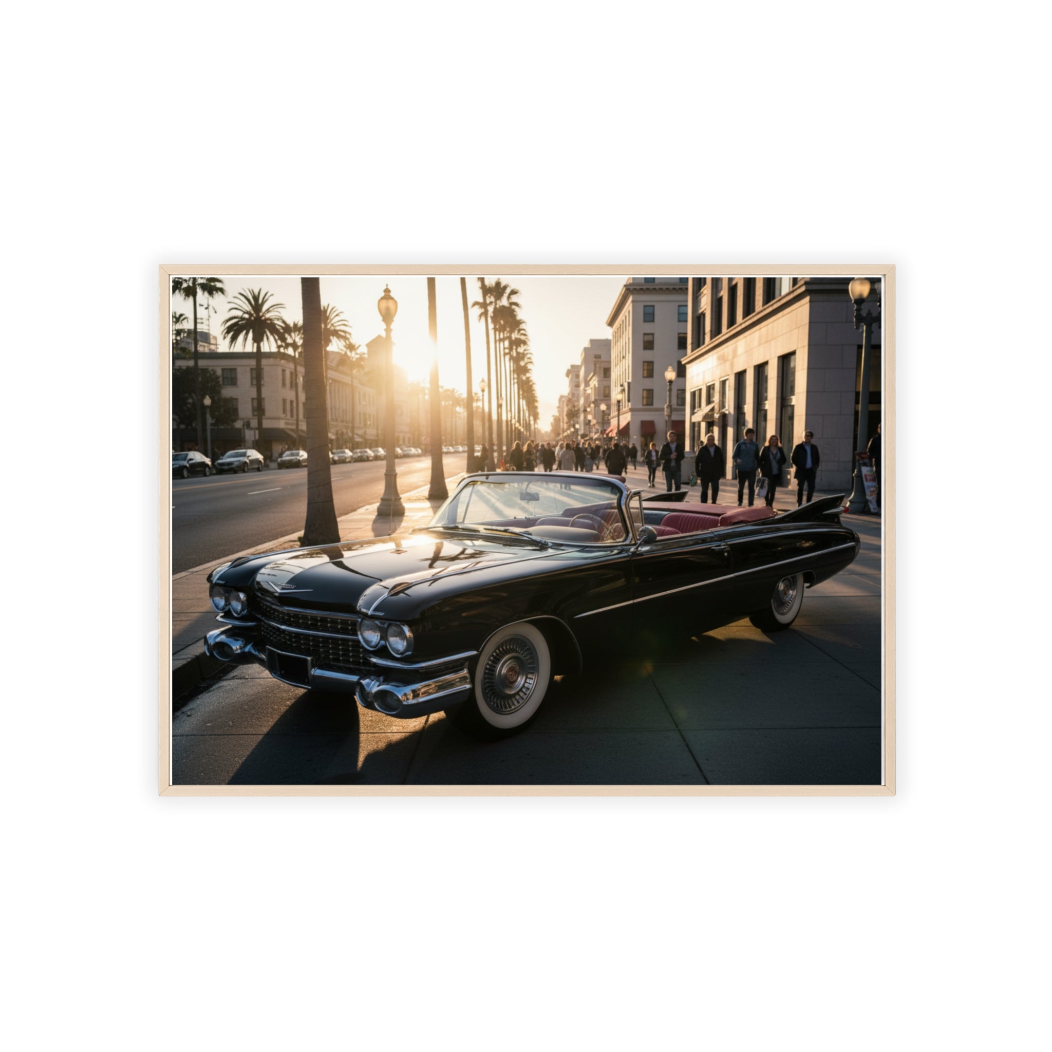 Vintage Convertible Sunset Poster with Wooden Frame