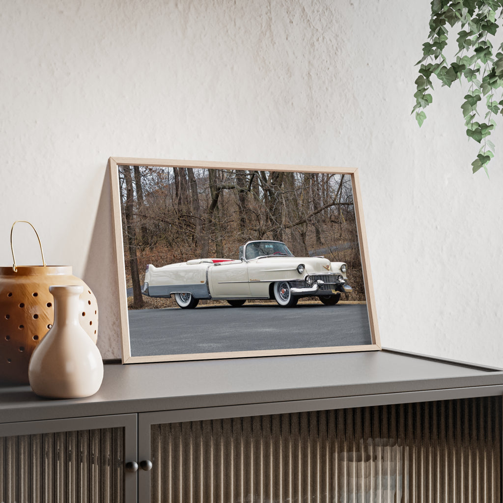 Vintage 1950s White Cadillac Poster with Wooden Frame - Classic Car Wall Art
