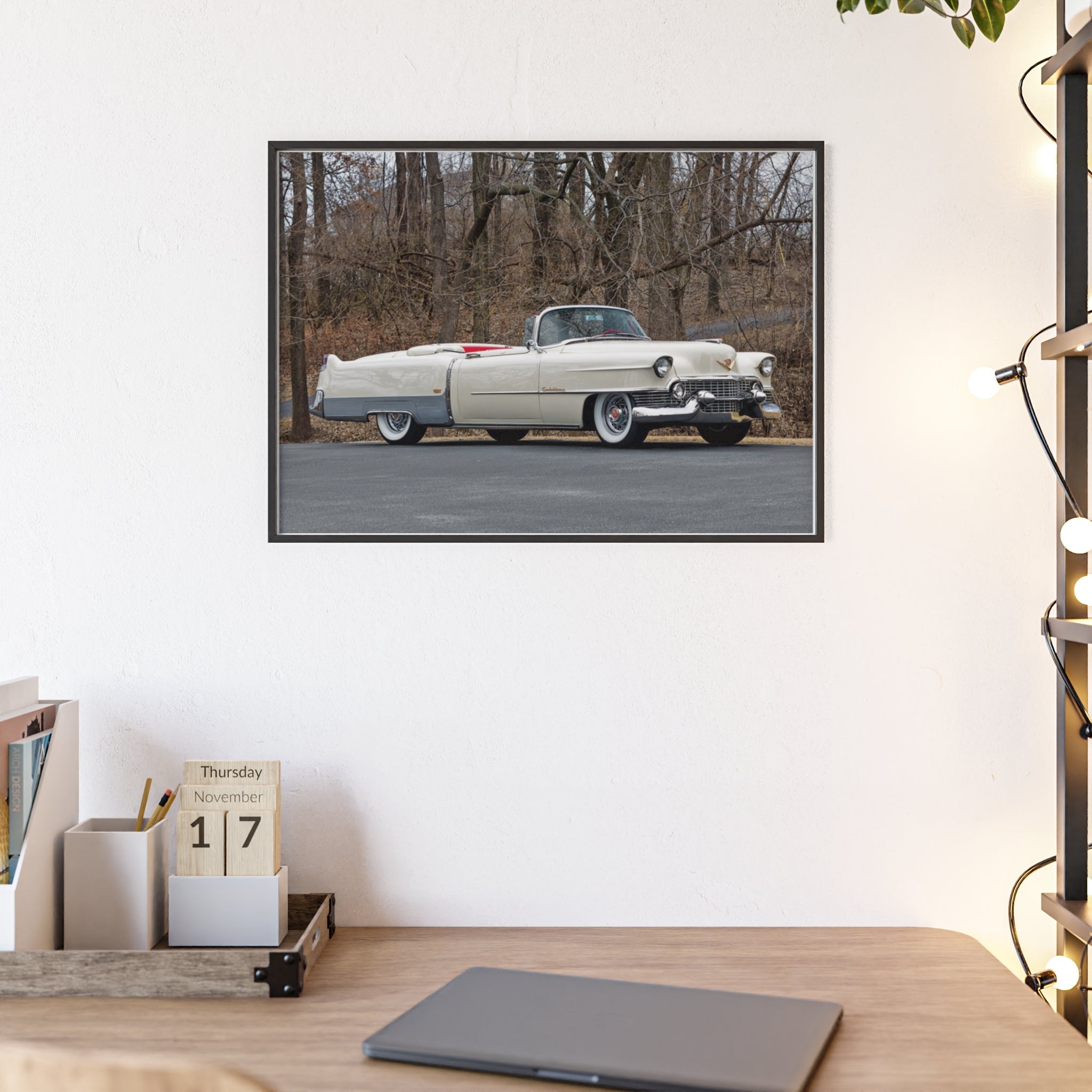 Vintage 1950s White Cadillac Poster with Wooden Frame - Classic Car Wall Art