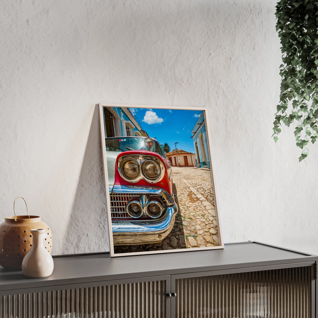 Vintage Classic Car Poster with Wooden Frame — Retro Cuba Street Photography Wall Art