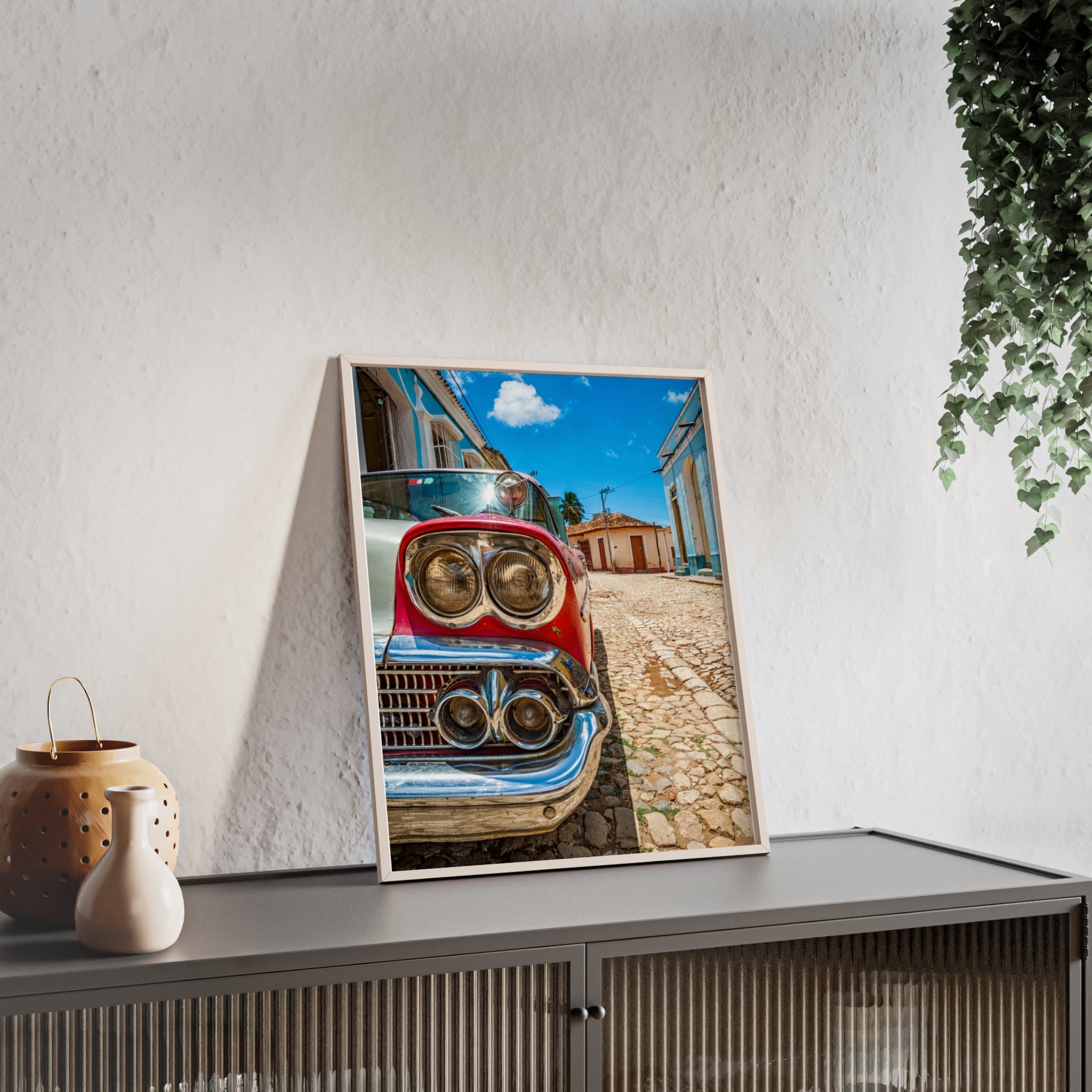 Vintage Classic Car Poster with Wooden Frame — Retro Cuba Street Photography Wall Art
