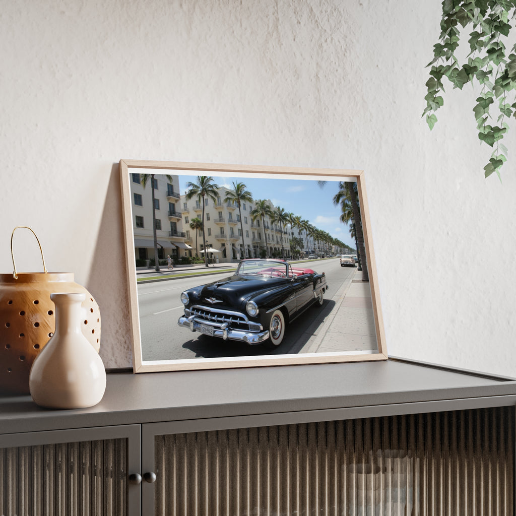 Vintage Convertible on Ocean Drive Framed Poster – Retro Classic Car Wall Art