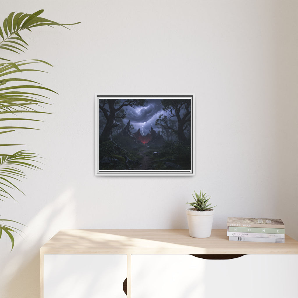 Dark Storm Forest Framed Canvas Print — Lightning, Haunted Castle Art